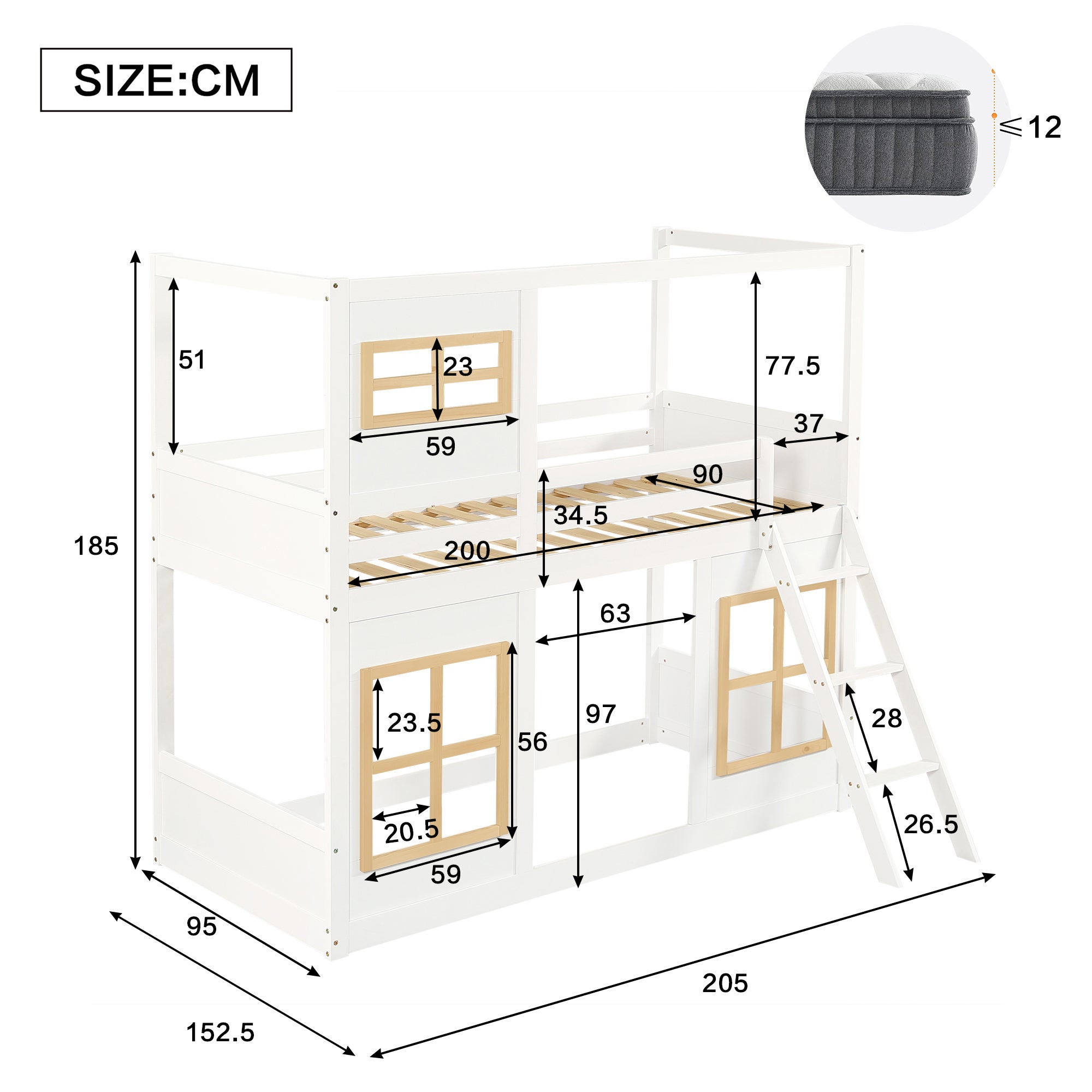 Lit superposé 90x200cm, lit mezzanine Enfant avec fenêtre, escabeau, en bois, avec clôture à quatre côtés, sans matelas, blanc et naturel - 2