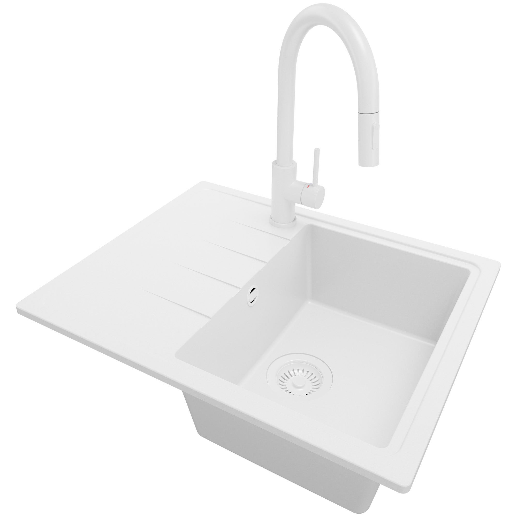Zlewozmywak Granitowy Cały Biały 62x50cm, Zlew Kuchenny 1 Komorowy + Bateria 40x20cm + Syfon, Nablatowy do szafki od 40cm - Mediolan PRIMAGRAN