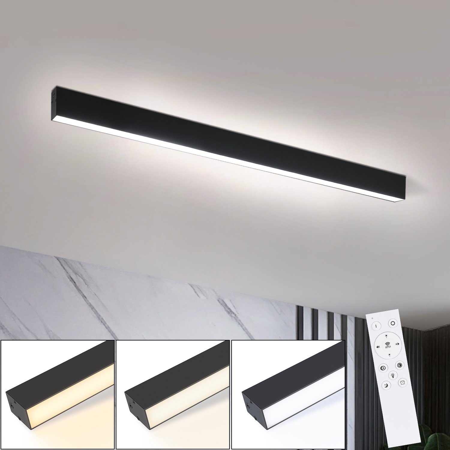 NETTLIFE Lampa sufitowa LED 25W czarna 80CM długi panel ściemnialny z pilotem nowoczesna do sypialni