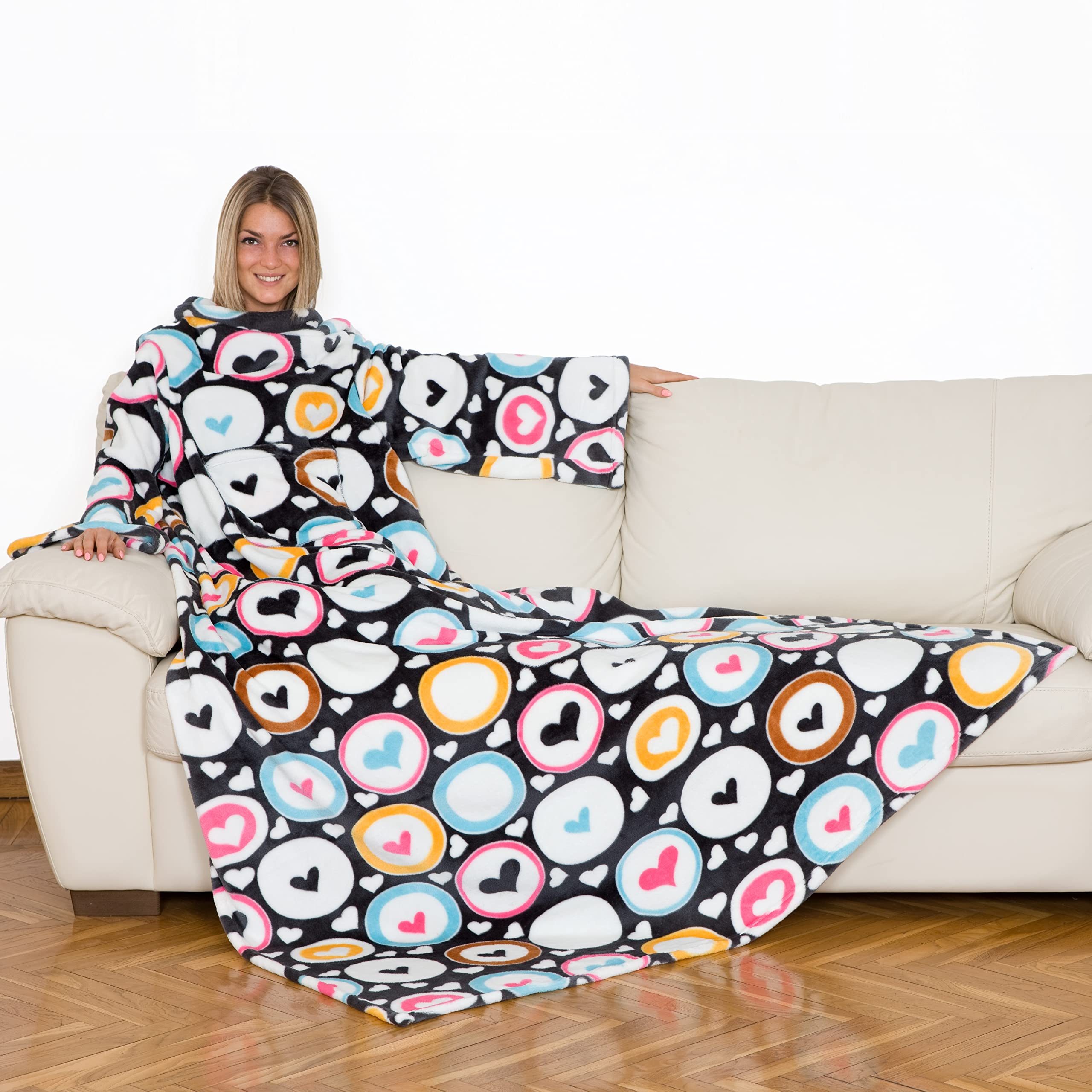 Coperta maniche cuori, soffice plaid maniche, coperta con maniche, coperta in pile, microfibra, con tasca centrale, singolo, 180x140cm, pile donna, co