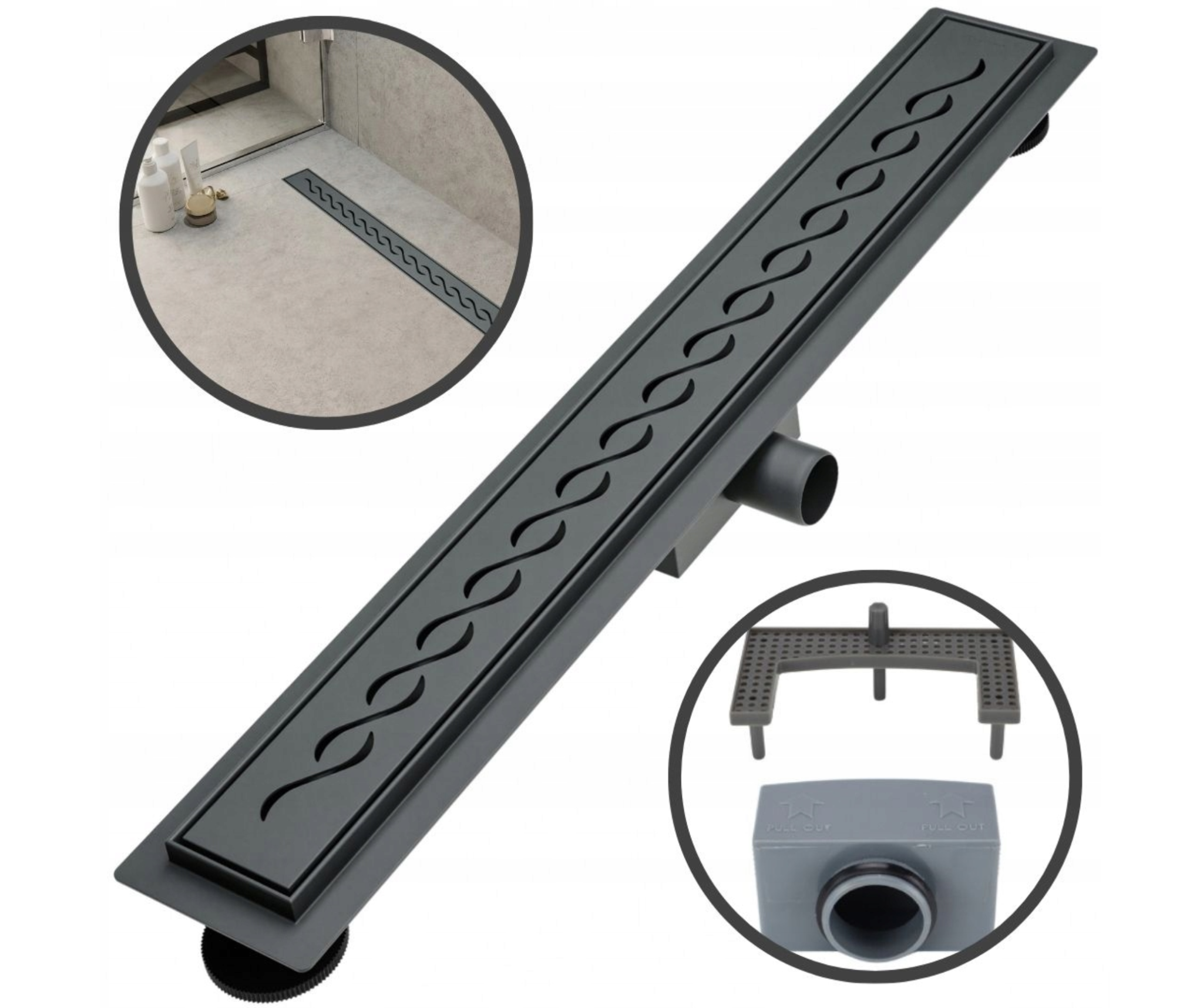 Odpływ liniowy 70 cm perforowany czarny mat podłogowy prysznic – MERFLOW
