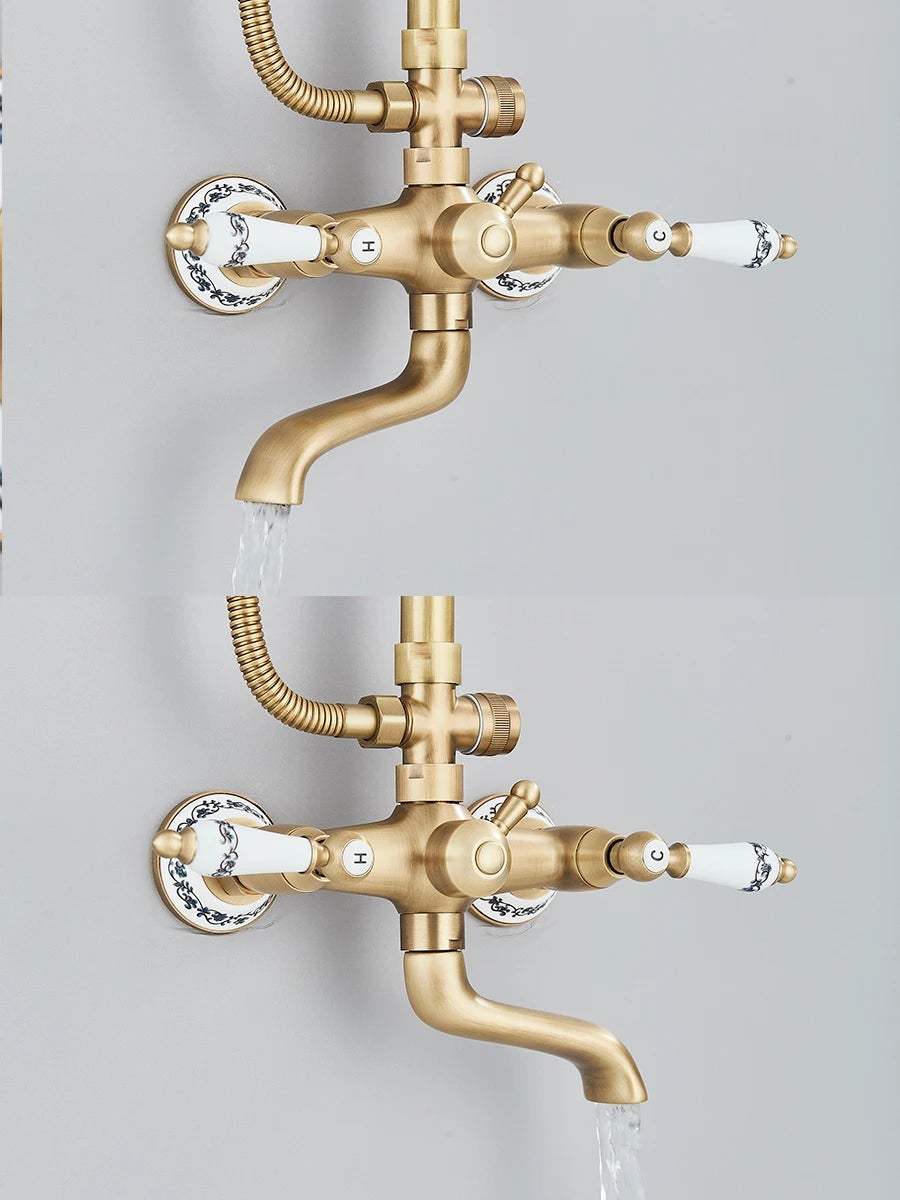 Colonna doccia in ottone anticato, set rubinetto doccia con portaoggetti, doccia a pioggia con doccetta e bocca per vasca, altezza regolabile - 9