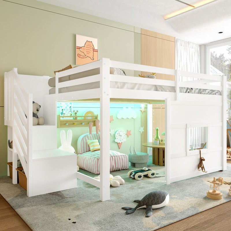 Lit mezzanine 140x200 cm avec Éclairage LED, lit superposé avec escalier Rangement et Fenêtre Ludique, lit enfant avec sommier à lattes, blanc - 2