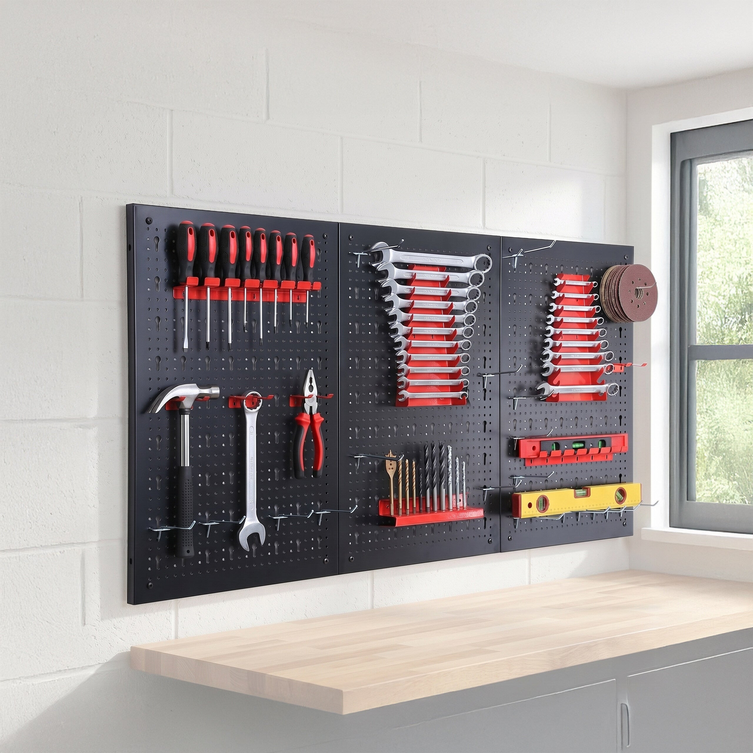 Ensemble de 3 panneaux perforés pour outils, 30 accessoires, 60 x 40 cm, métal, atelier, noir/rouge, relaxdays - 2