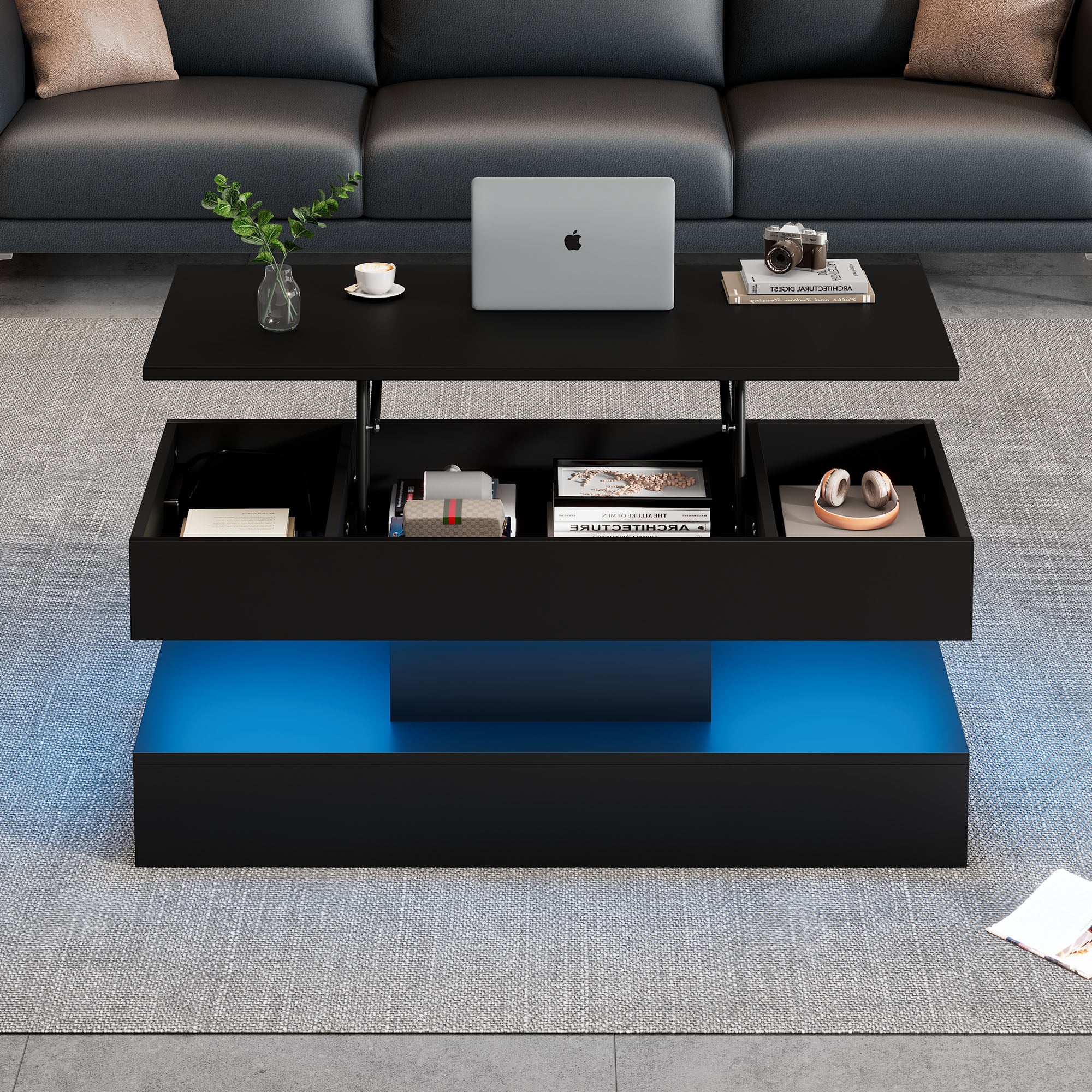 Table basse relevable avec prises USB et cahrge - 100 x 50 x 42 cm - LEDs - Panneau de particules - Noir - 3