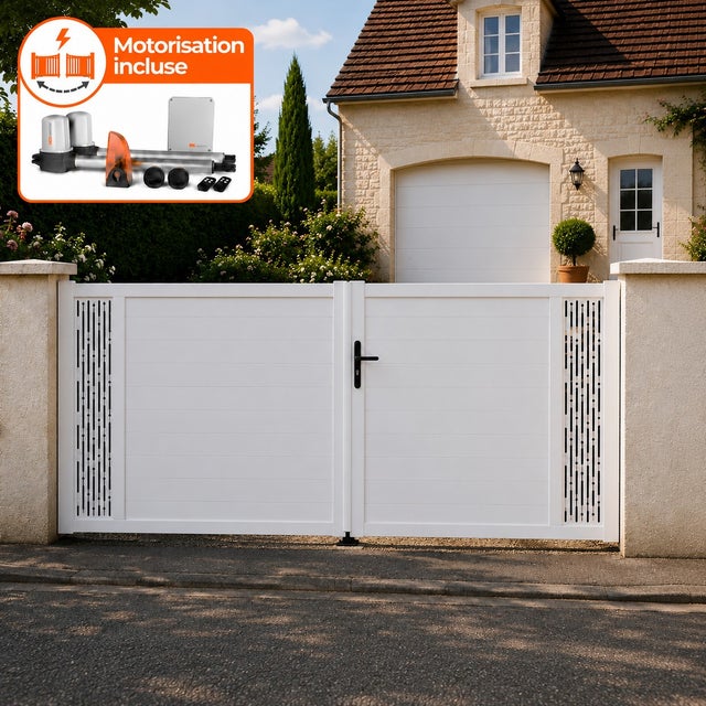 Portail battant électrique PVC blanc H140 x L350 ARLES DÉCOR RECTANGLES