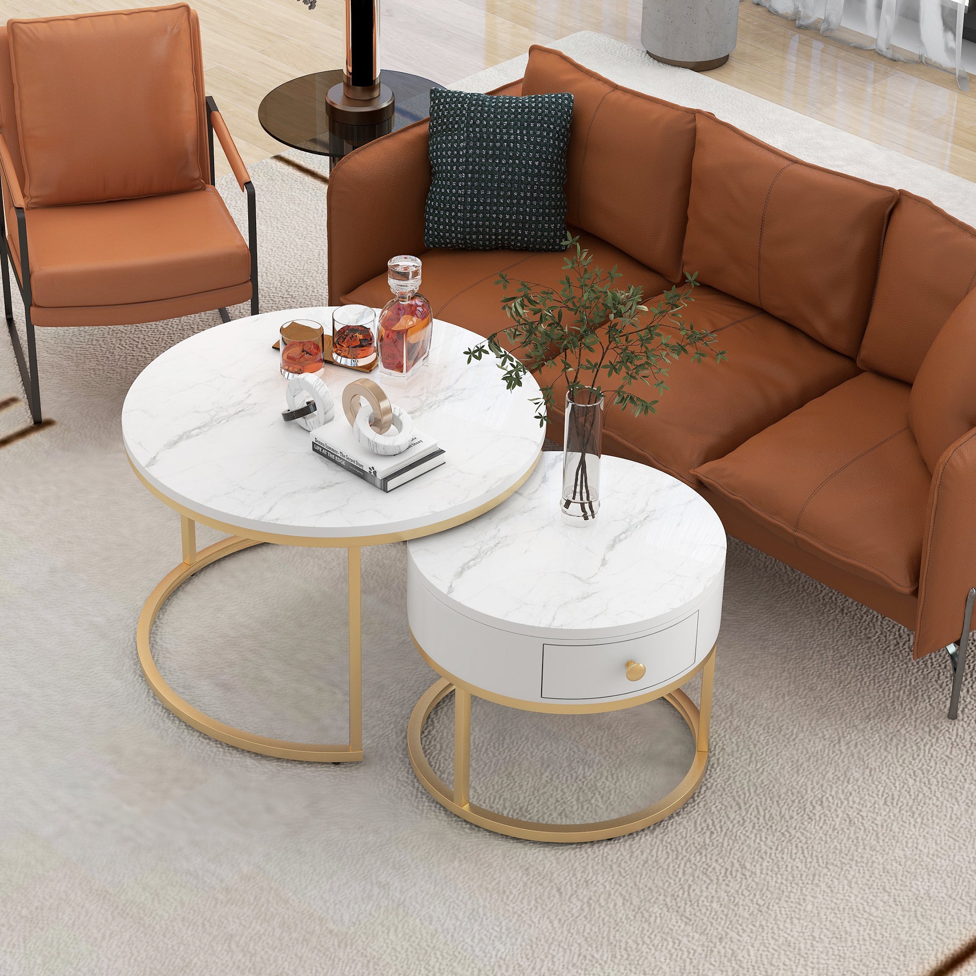 Zestaw 2 stolików lęgowych z szufladą - okleina marmurowa - wysoki połysk - Biały - 2