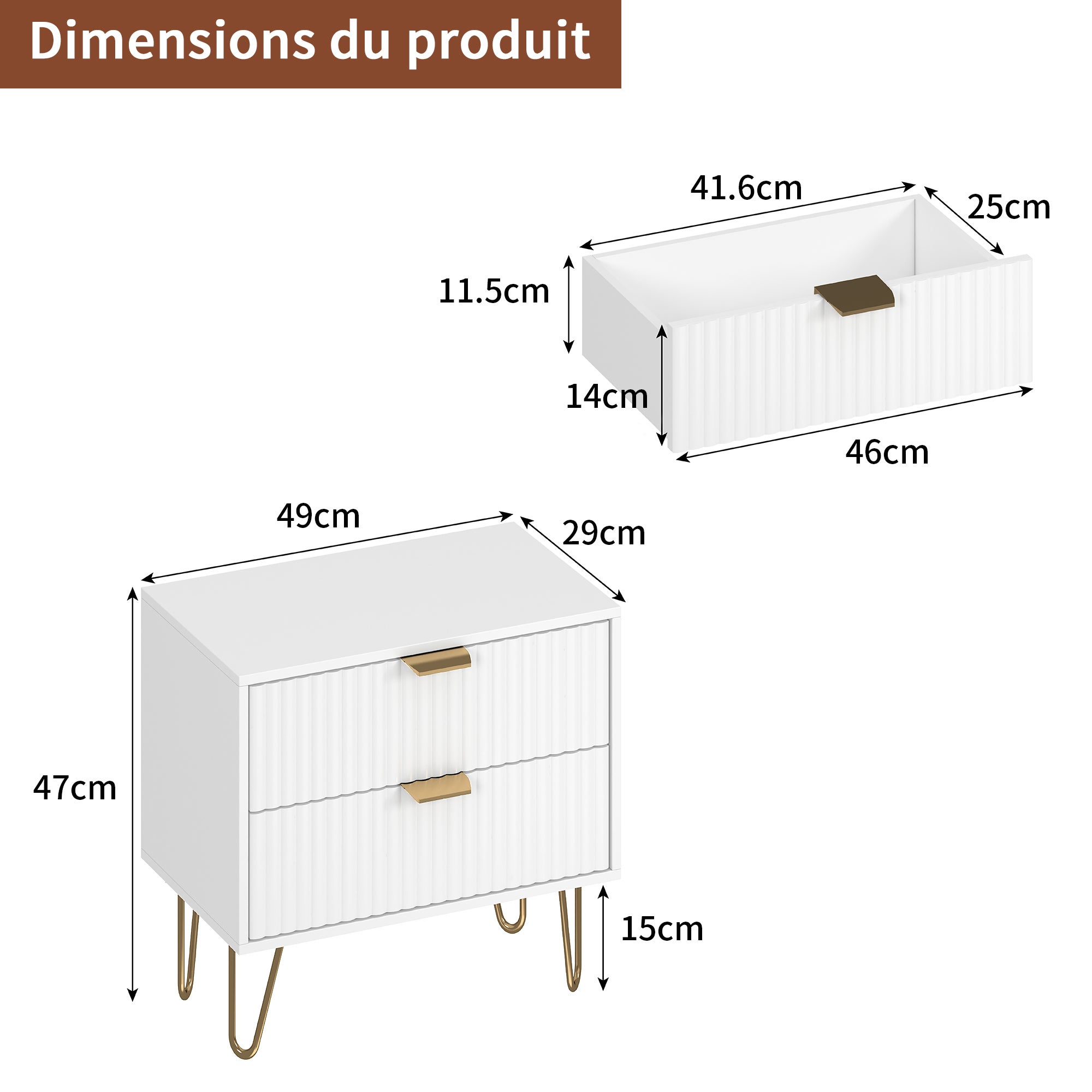 Lot de 2 tables de chevet, 2 tiroirs, façade ondulée, poignées en métal, pieds en acier inoxydable - L.40 x P.40 x H.55 cm - style scandinave - blanc - 7