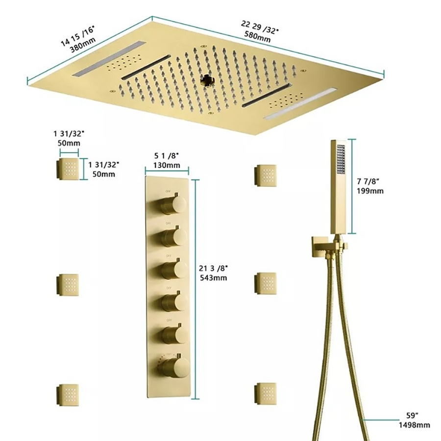 🚿 Jakarta – Ciel de pluie connecté doré avec LED et jets hydromassants - 7