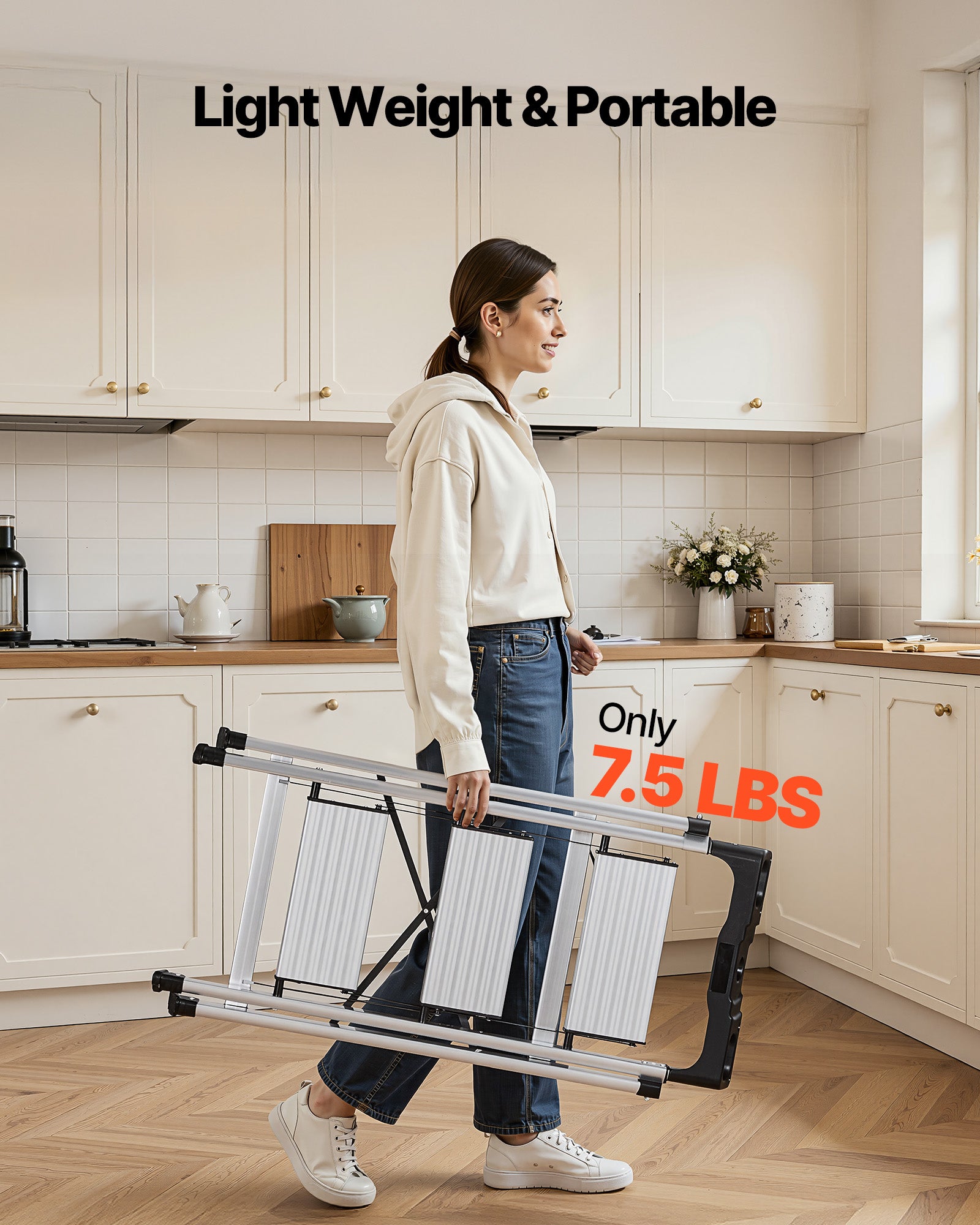 Escabeau Pliant VEVOR 3 Marches Marchepied Pliable Charge 150 kg Alliage d'Aluminium, Larges Marches Antidérapantes, Plateau à Outils, Argenté - 6