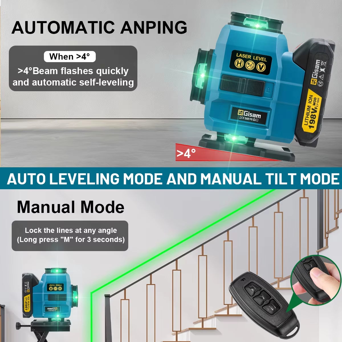 OBOSOE Livella laser 4D a 16 linee, laser professionale a 360° verticale e orizzontale, compatibile con batterie Makita da 18 V (2 batterie). - 2