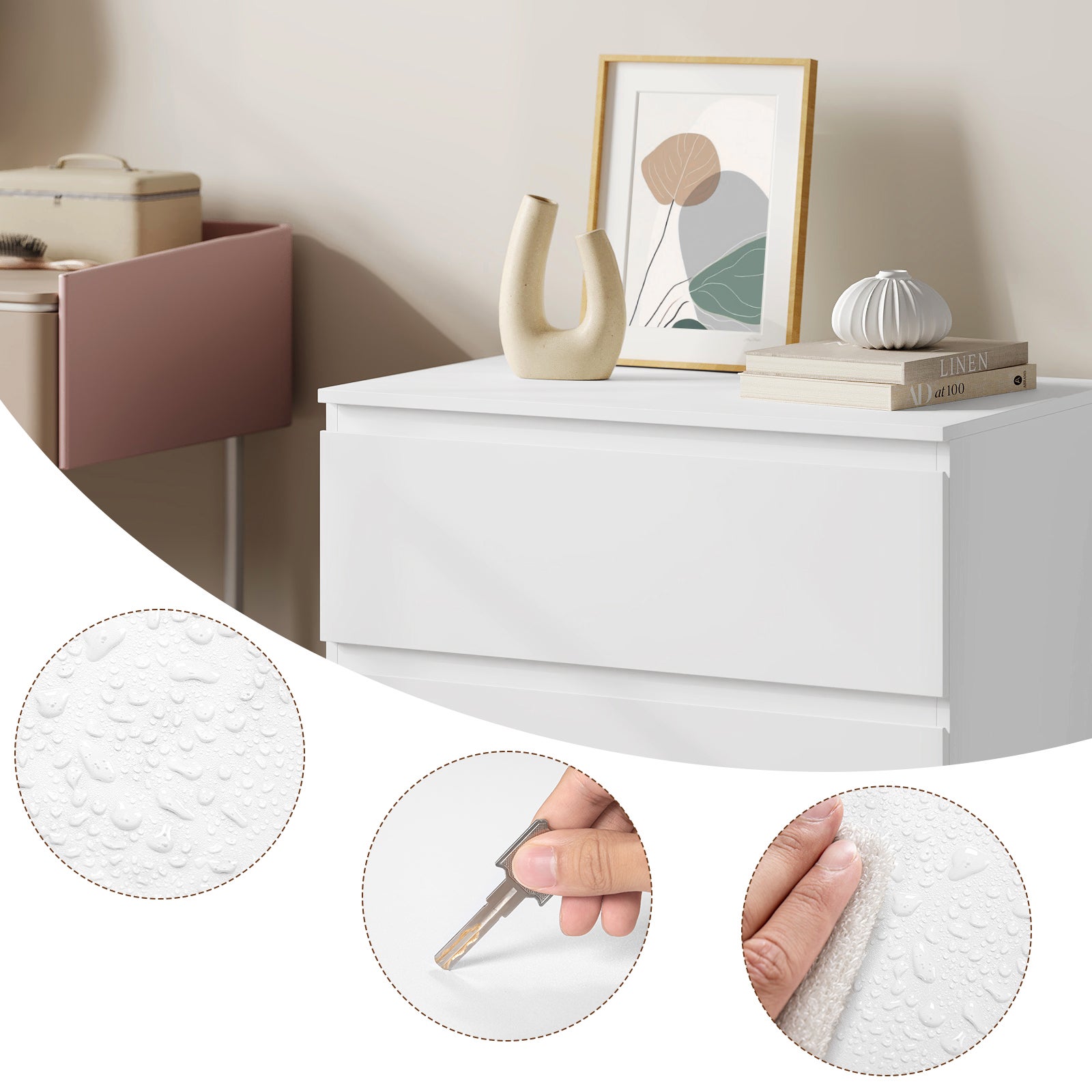 Commode WOLTU, avec 3 Tiroirs, Meuble Tiroir Rangement, en Bois d’Ingénierie, Chiffonnier, Blanc, 60x40x70 cm - 3