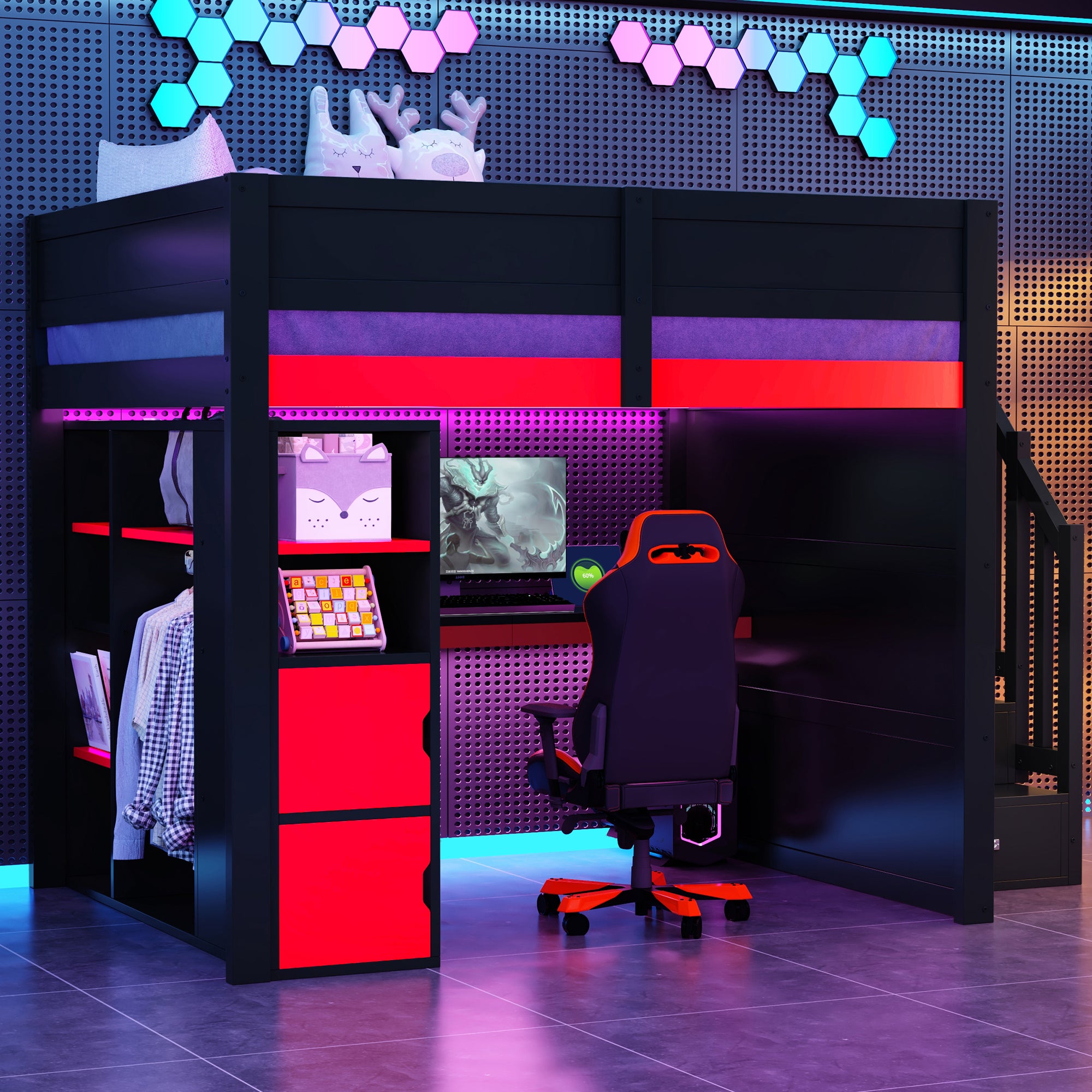 Łóżko wysokie 140 x 200 cm z biurkiem, półkami i otwartą szafą - Sklejka - Diody LED i port USB - Czarno-czerwony (Materac nie jest wliczony w cenę)