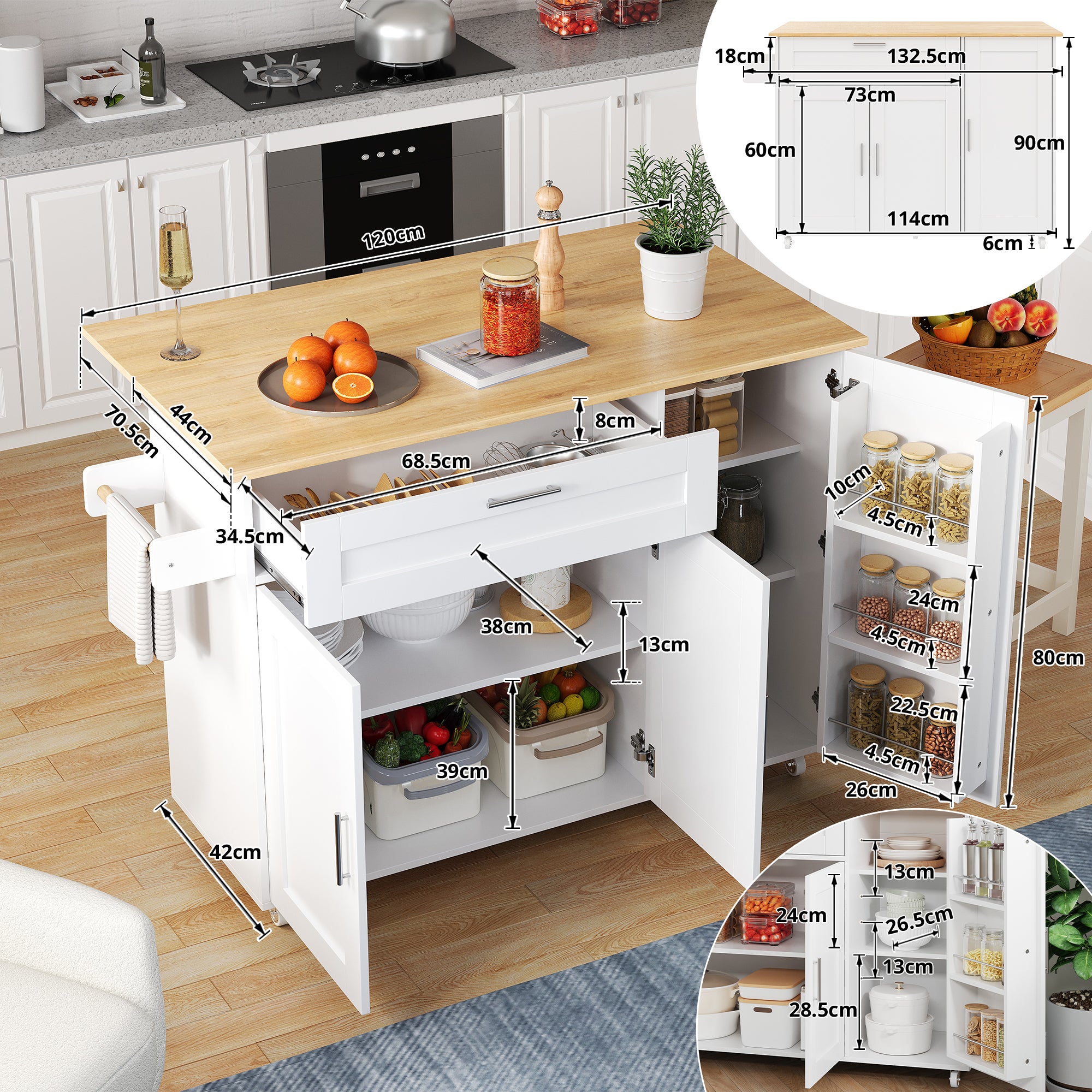Ilot central de cuisine mobile avec 3 portes et 1 tiroir - Plateau extensible - 132.5x44(70)x90 cm - Bois MDF - Blanc et naturel - 7