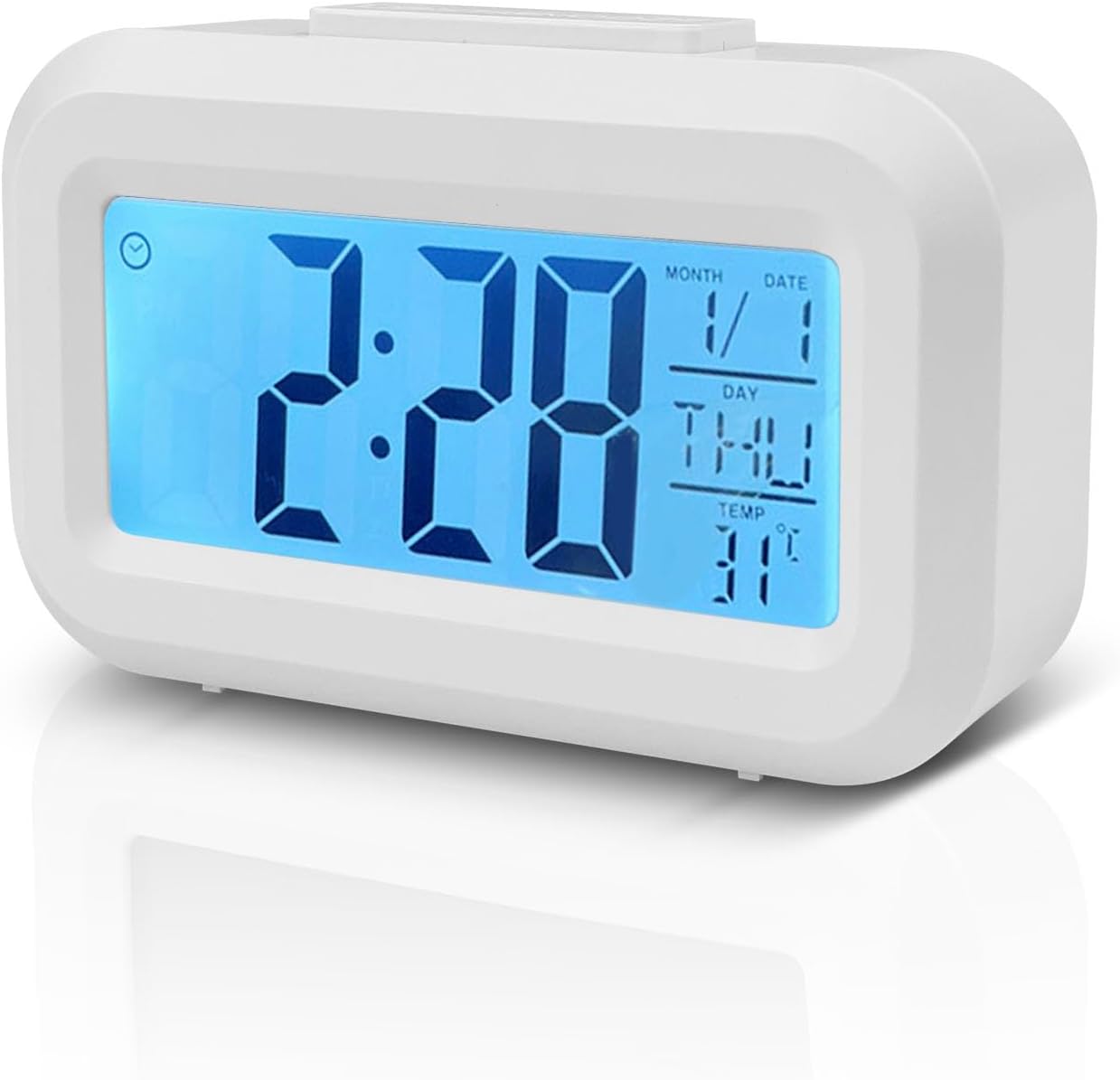 Baxcdyswe Horloge Numérique, Reveil Numerique, Alarm Réveil LED avec Fonction Snooze, Réveil Horloge Digitale sans Tic-Tac avec Affichage Date, Température, Horloge de Bureau à Piles (Blance