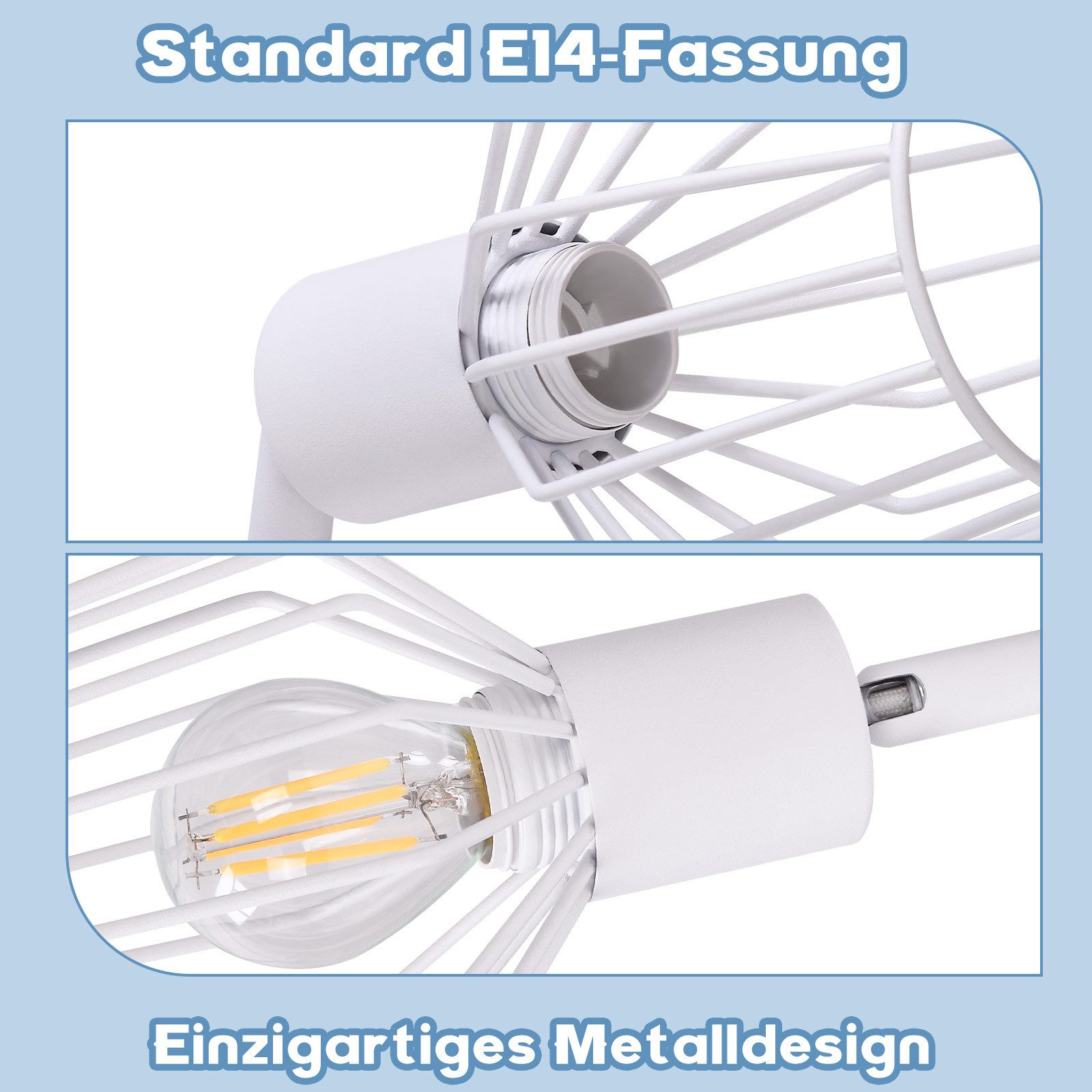 NETTLIFE Foco de Techo，4 luces E14 - Metal, Lámpara de Pasillo Industrial Giratoria 350°, Aplique de Pared para Pasillo y Sala de Estar, Blanco - 4