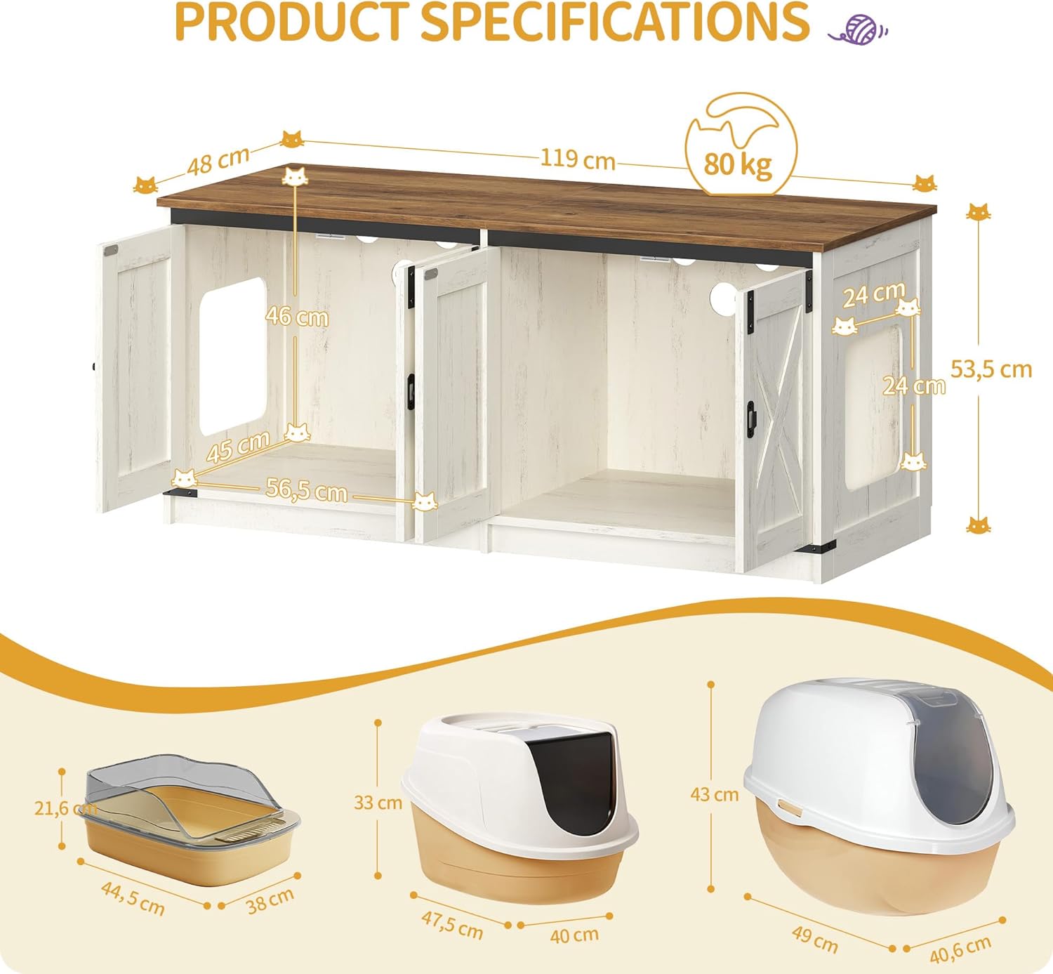 Móvel para Caixa de Areia para Gatos,Armário para 2 Gatos,Móvel Discreto para Sanitário Felino, Casinha Interior para Gatos,Castanho Rústico e Branco - 9