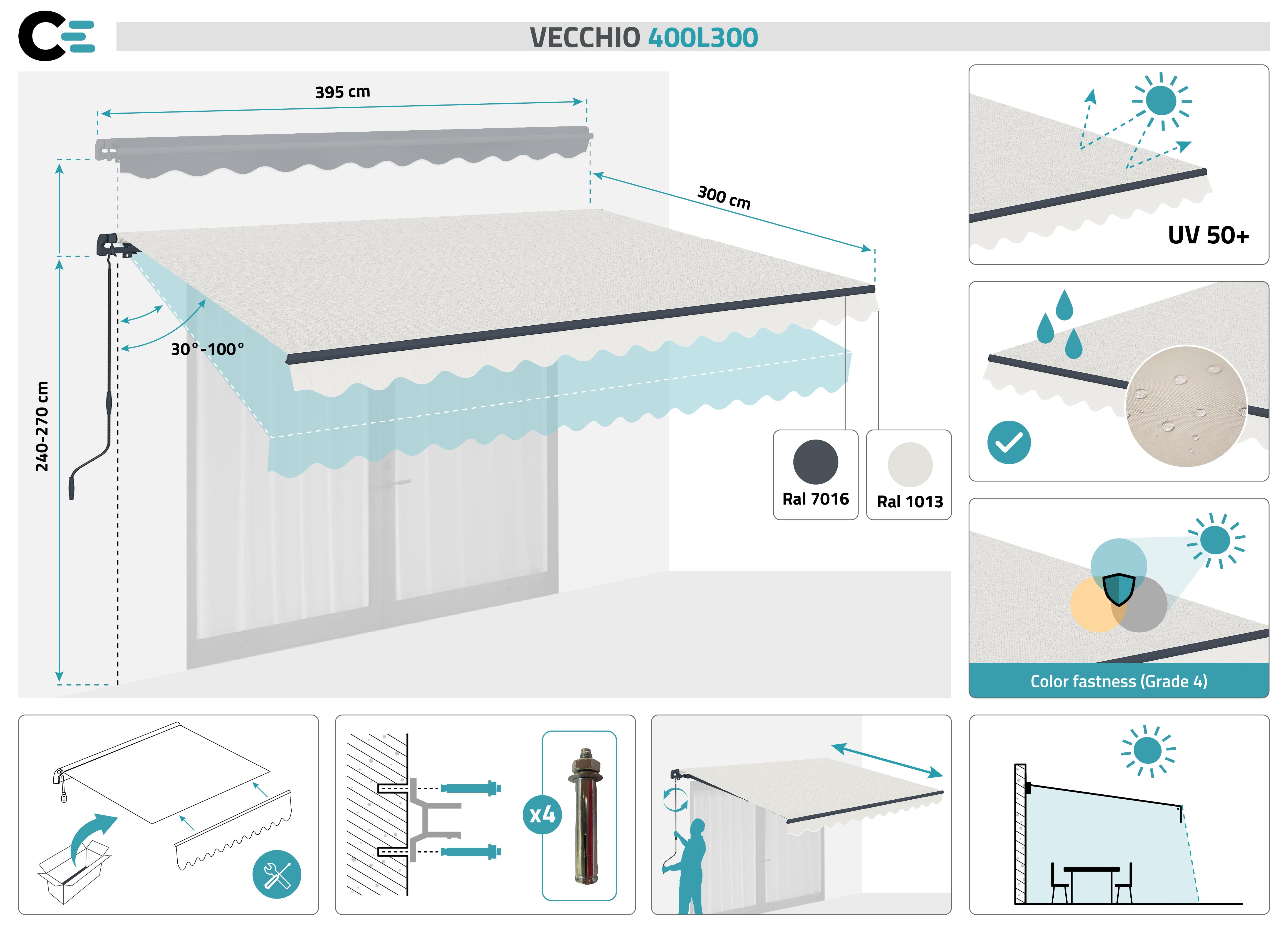Store banne monobloc VECCHIO 4m x 3m - Toile premium 320g/m2 Beige - 2