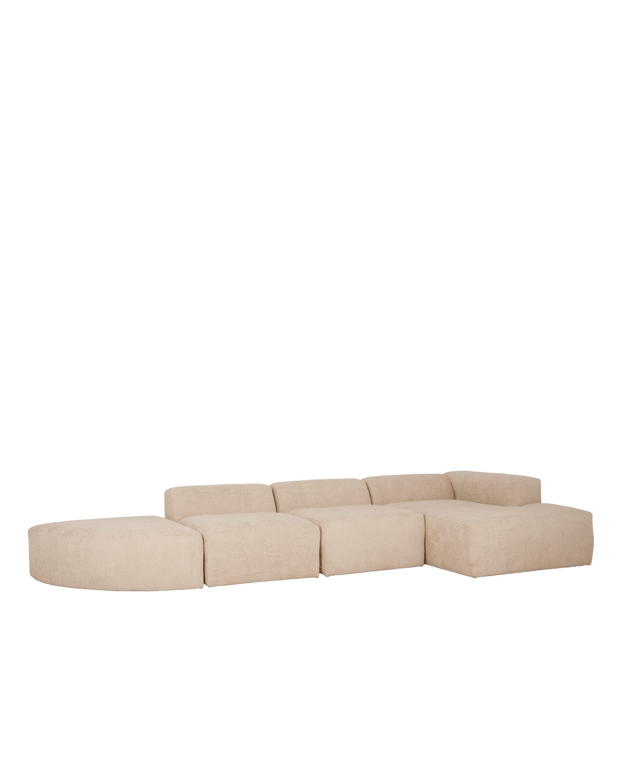 Sofá de 4 módulos curvo con chaise longue derecho bouclé beige 410x70x172cm