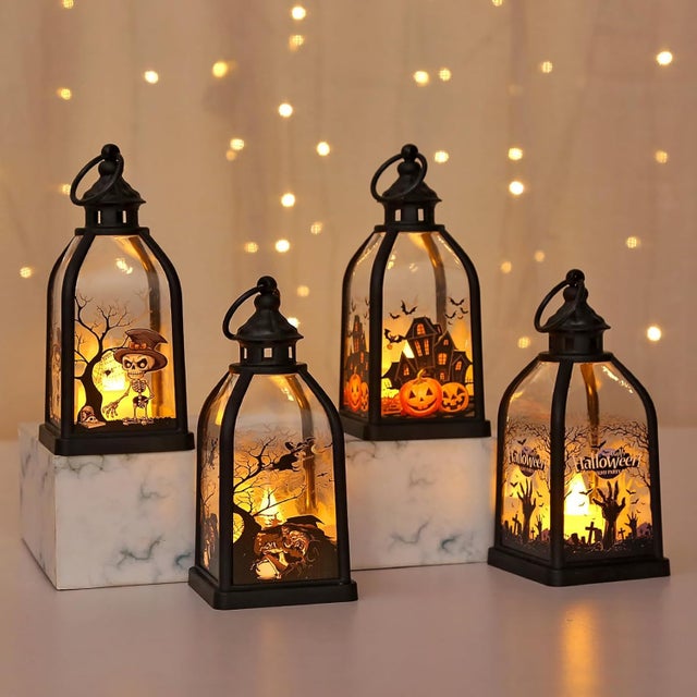 12 Pièces Lanterne Halloween LED avec Batterie, Citrouille Sorcière Fantôme à Suspendre, Décoration Intérieur Extérieur (C4)