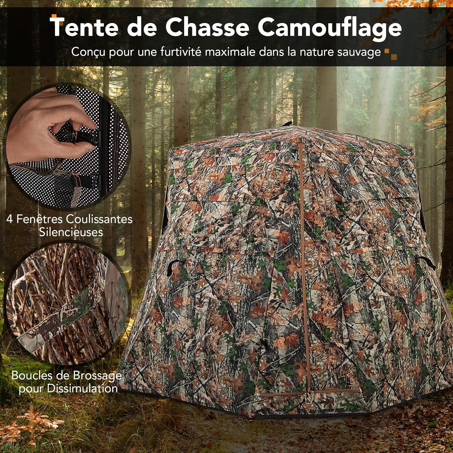 Tenda da Caccia per 2-3 Persone, Tenda Mimetica a Visione a 360° Trasparente per Caccia, Tenda Pop-Up Camouflage con Borsa da Trasporto, Attre - 5