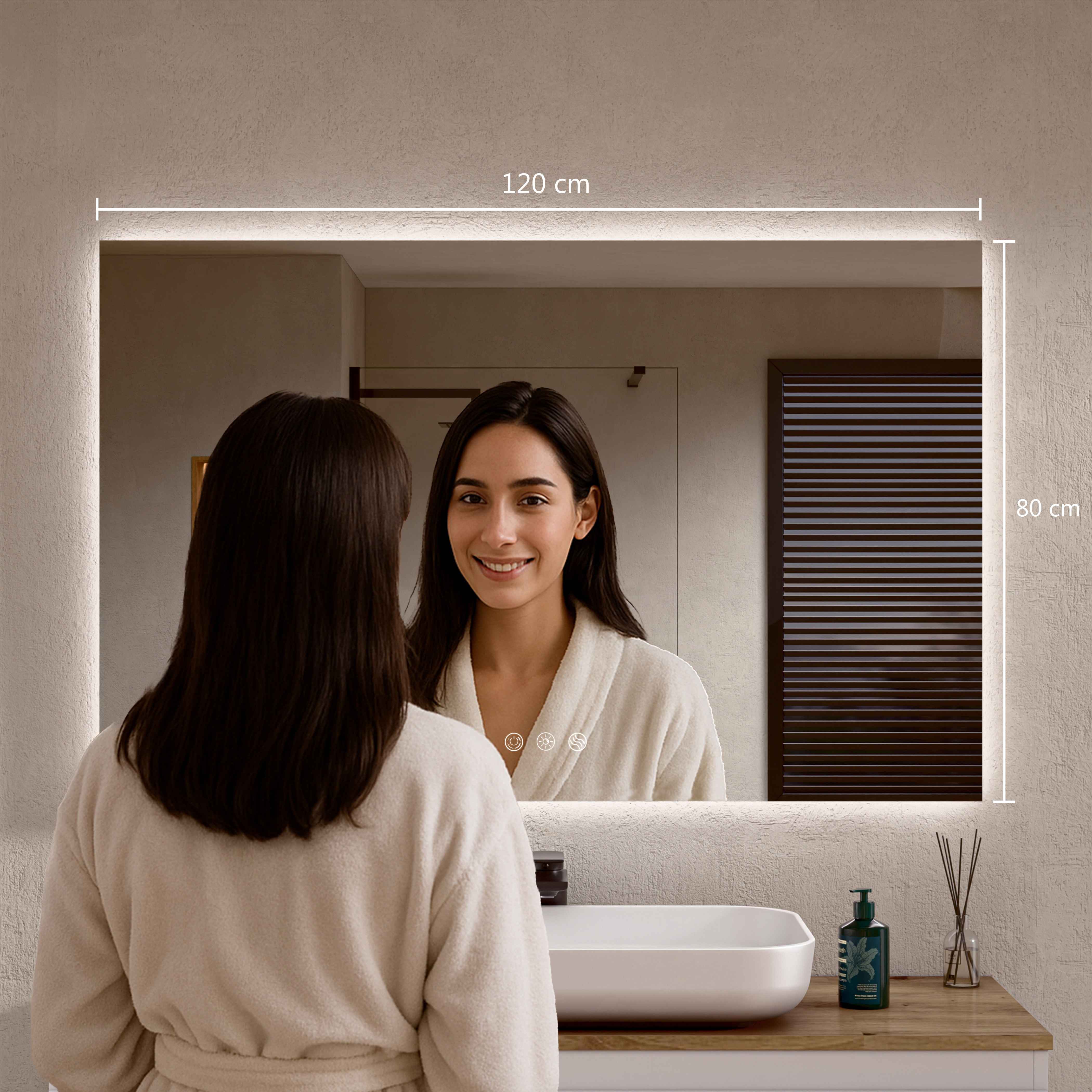 BELLOBATH - Miroir de salle de bain avec éclairage LED, lumière réglable en 3 couleurs et intensités - Éclairage indirect - 80cm haut x 120cm largeur - 3