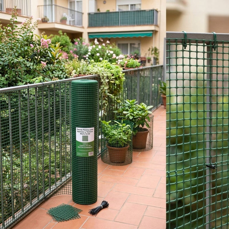 Maille plastique carré 1x1 cm, vert 1 x 25 m, clôture artificiel pour terrasses, balcons ou jardins - 4