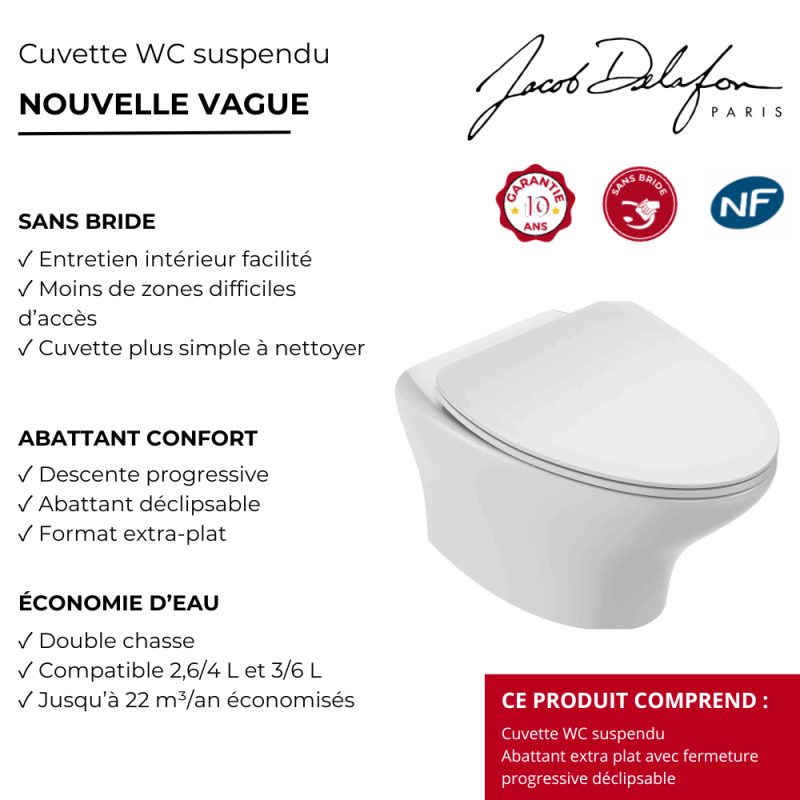 Cuvette WC suspendu sans bride JACOB DELAFON Nouvelle Vague avec abattant frein de chute extra-plat déclipsable - 3