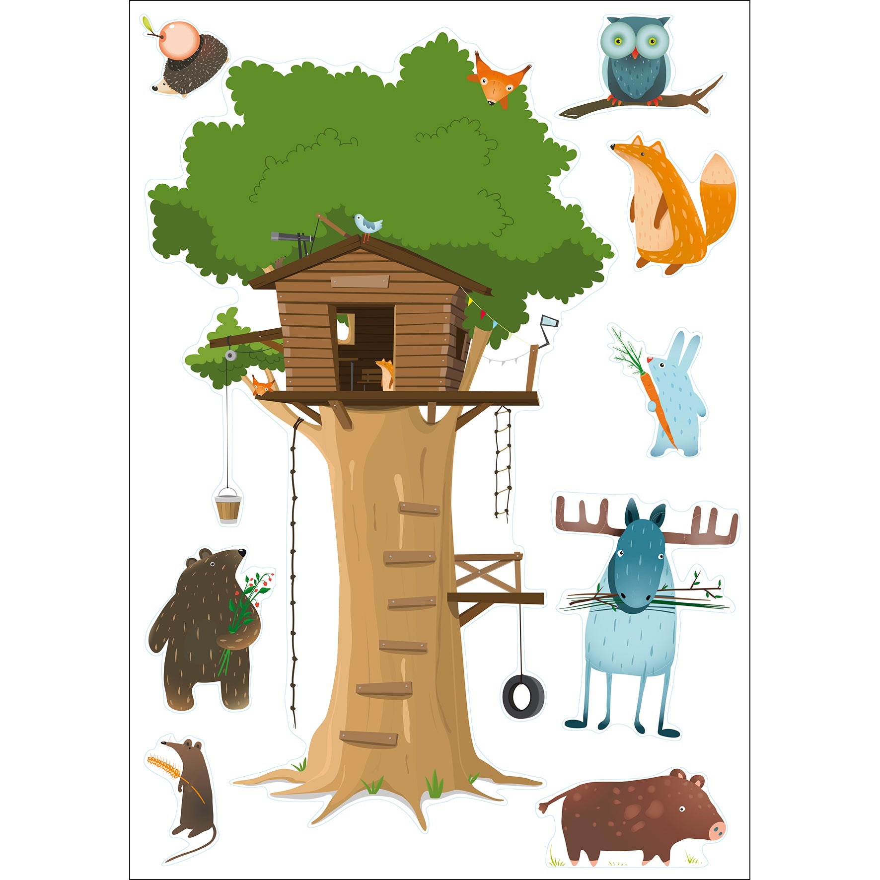 Sticker autocollant décoratif, illstration de la cabane dans un arbre avec des animaux de la forêt, sticker déco enfant, 68 cm X 48 cm - 2