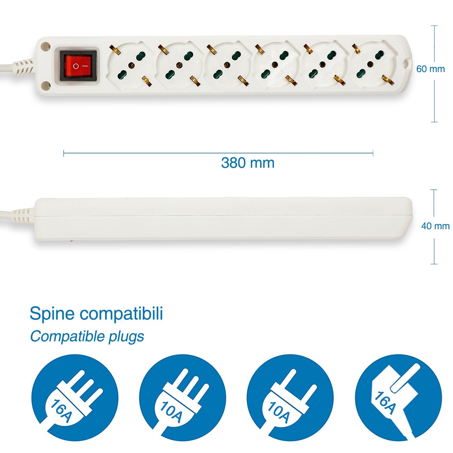 Multiprise italienne 6 entrées, câble de 1,5 m et prise compacte - 2