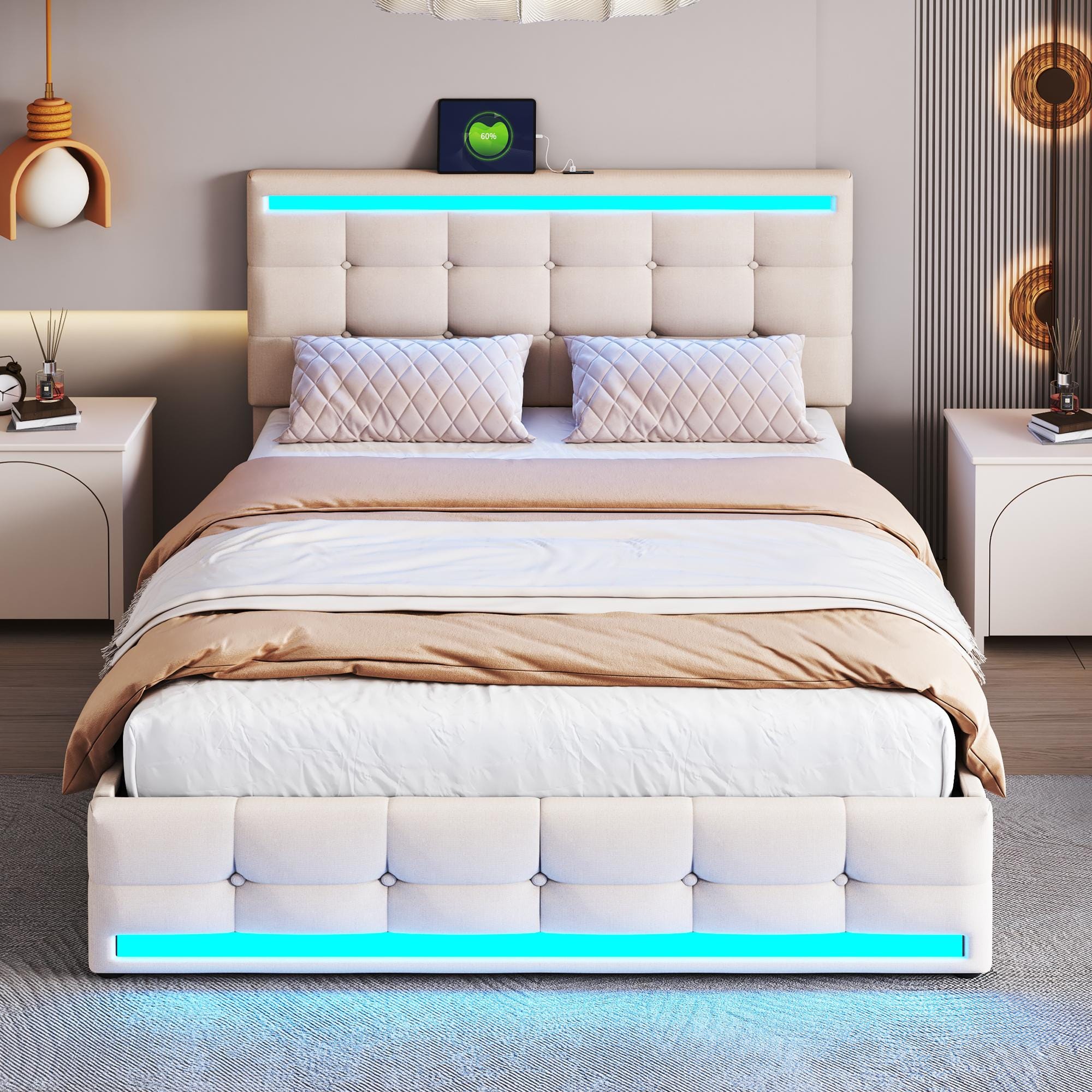 Led Li Meme Lit Polster 140x200 cm - Lit LED avec 4 tiroirs et 2 stations de ...