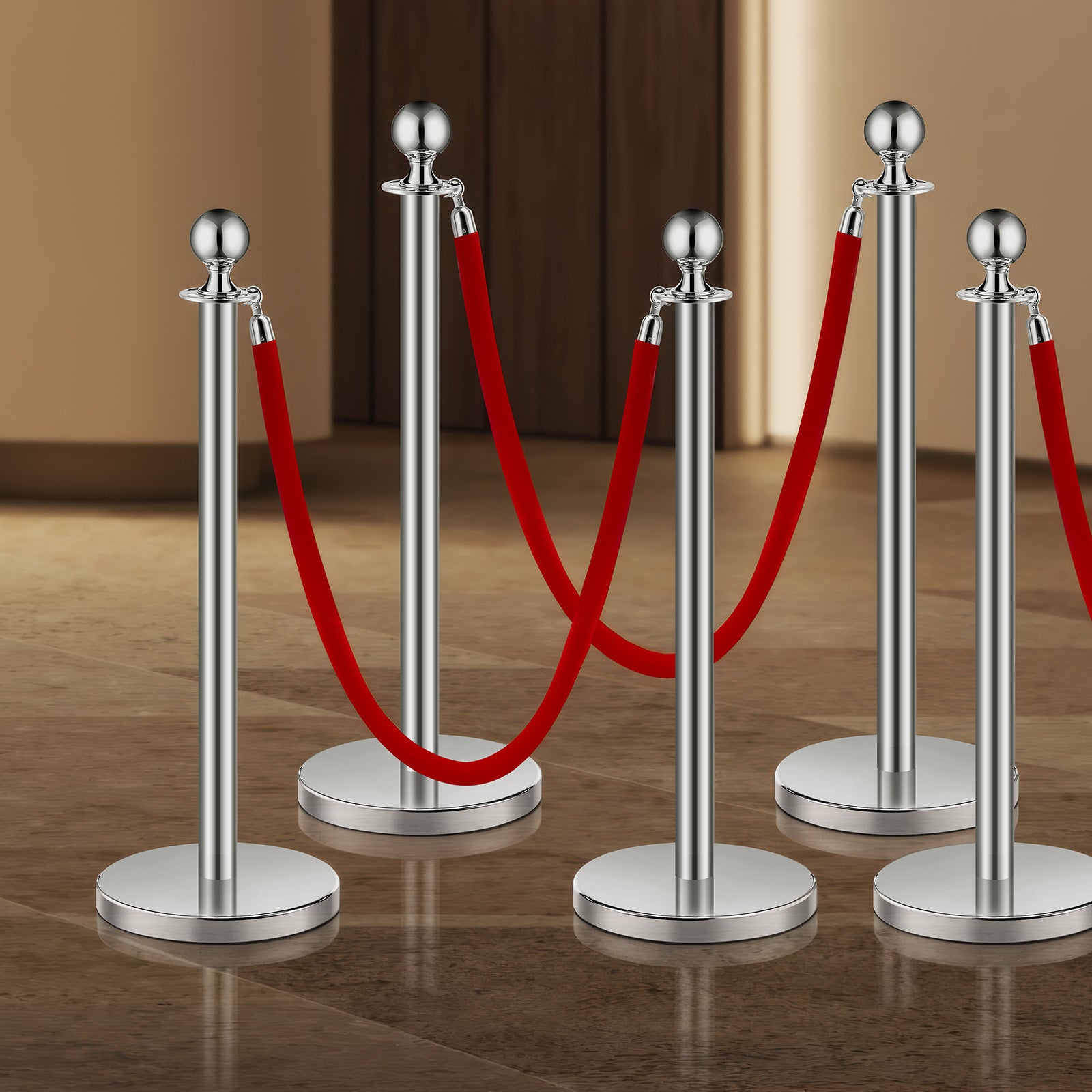 Lot de 6 Poteaux et Cordes VEVOR – Velours Rouge, Base Acier Inox, 3 Cordes, Poteaux Argentés, Barrières Contrôle Foules, Tapis Rouge - 8