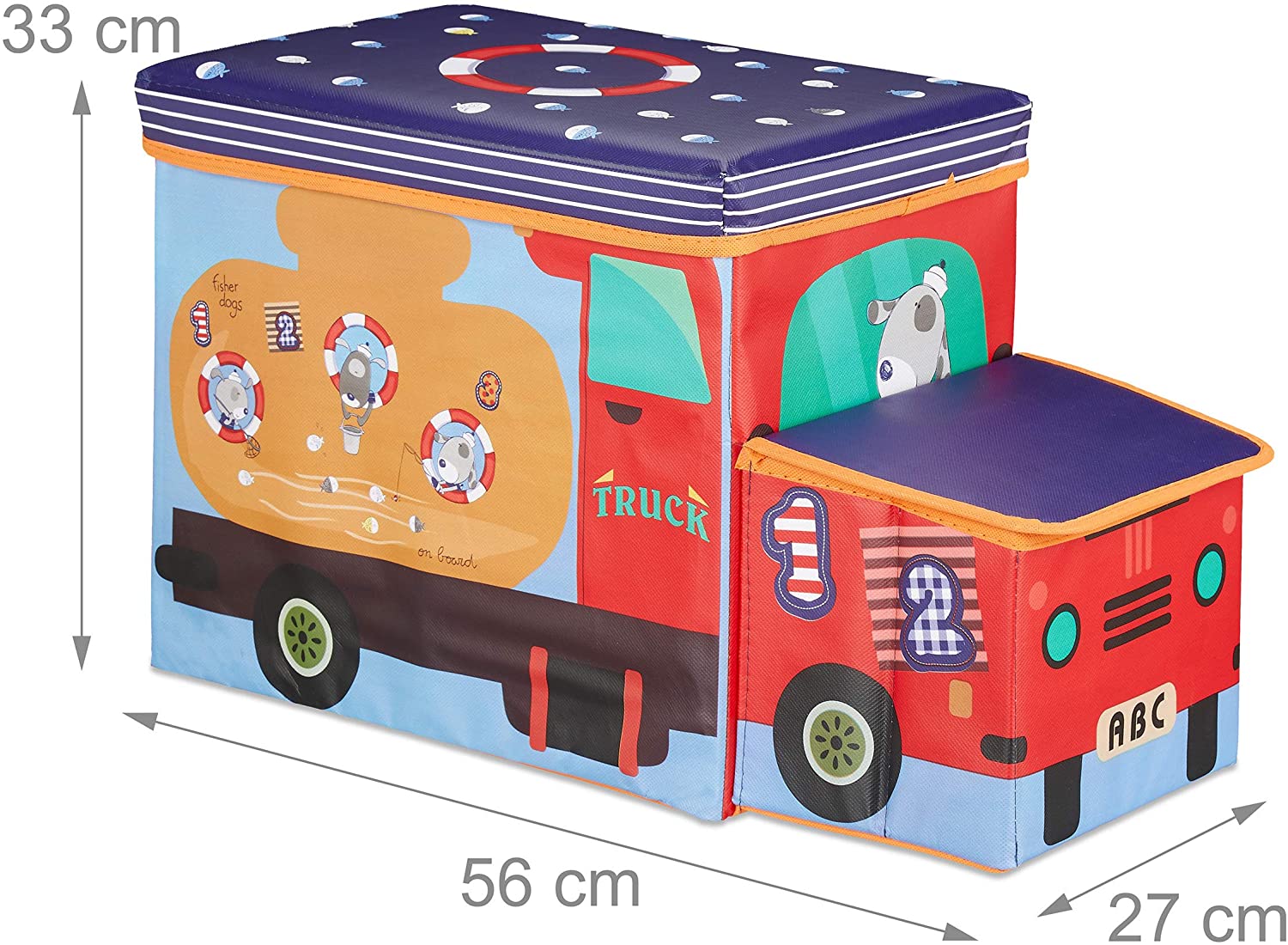 Relaxdays Tabouret Coffre à Jouets Voiture Police - Pouf Pliable 50L Bleu Foncé Enfant