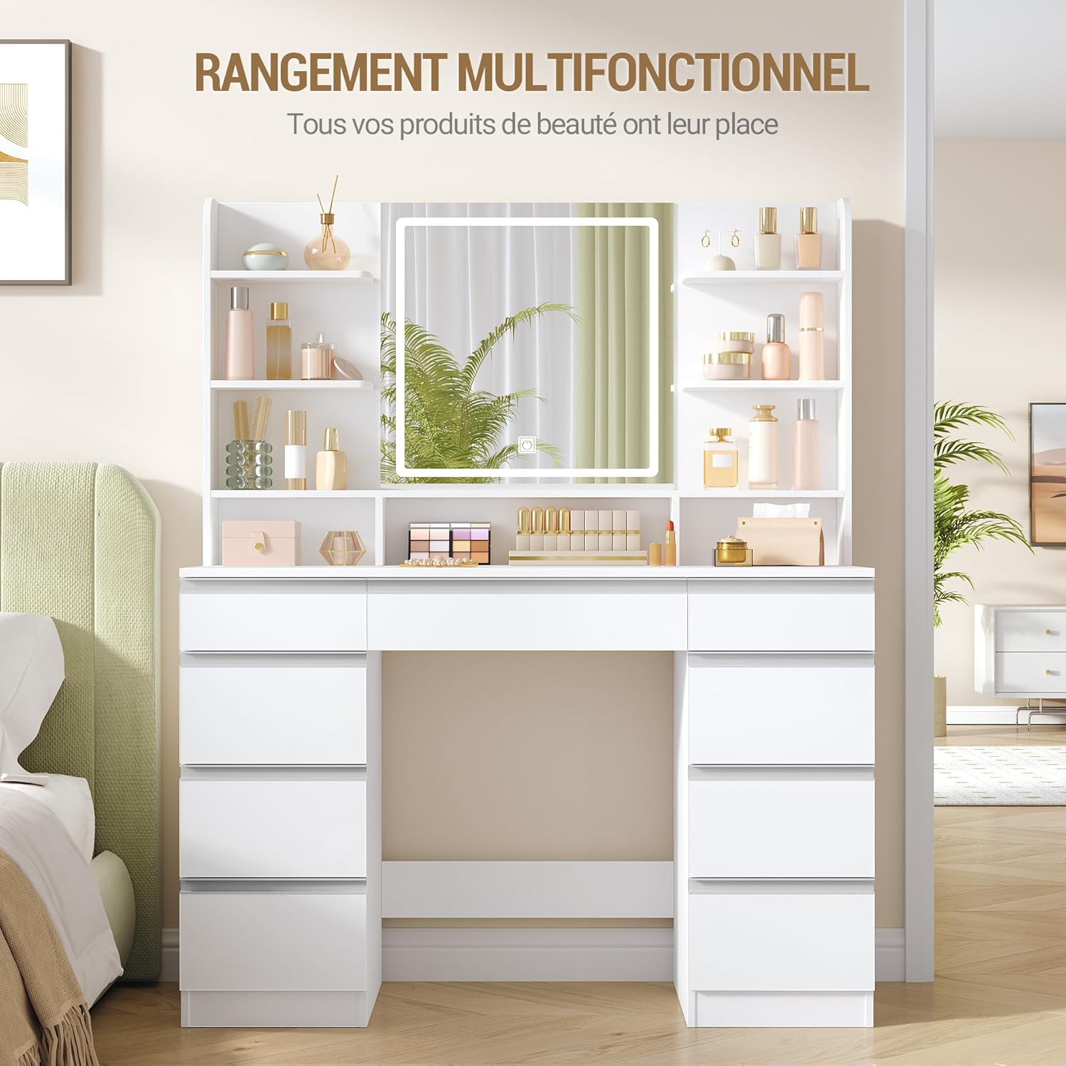 Grande Coiffeuse avec Éclairage LED, 3 Couleurs, Luminosité Réglable, Miroir, 9 Tiroirs, 9 Étagères Ouvertes, Blanc-Argent - 4