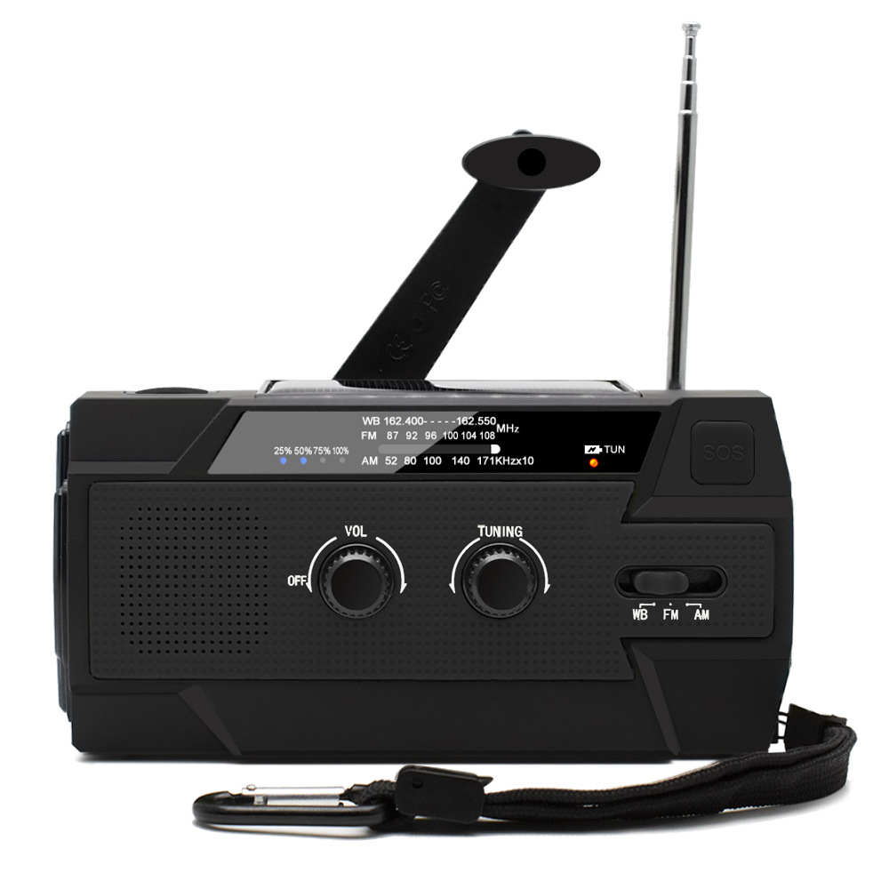 Przenośne radio solarne z korbką, ładowalne, AM/FM/WB, wbudowany akumulator o pojemności 4 000 mAh, latarka, alarm SOS, czarne