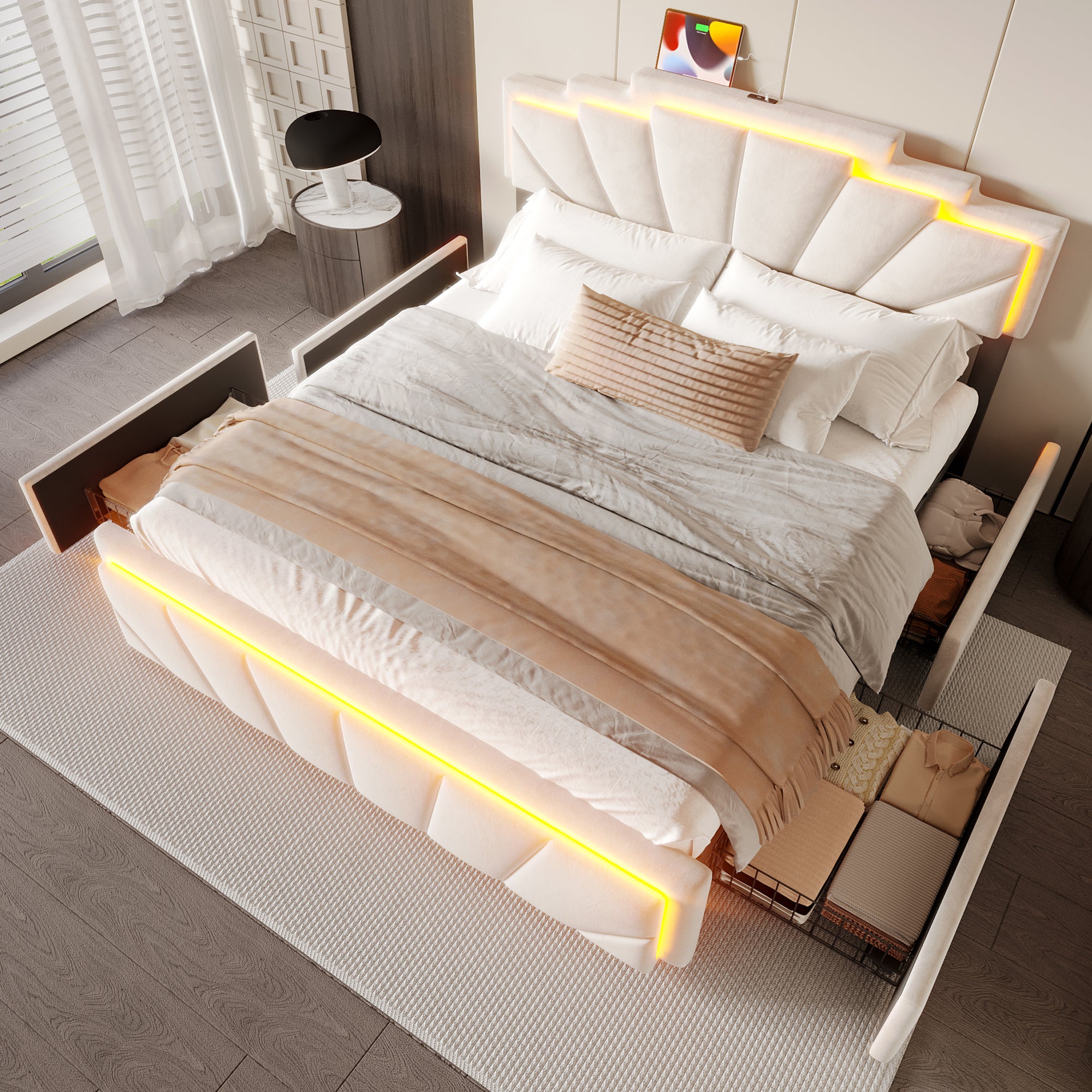 Lit Double 160x200 Avec LED Et Tiroirs - Velours Beige | Rangement Intégré USB