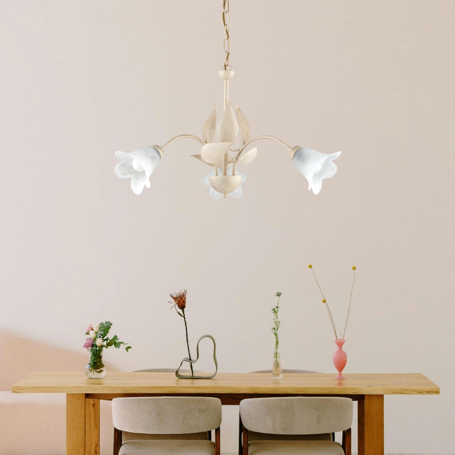 Lustre Olga fer ivoire, déco or antique, verre albâtre d.14, 3 lumières d.60 cm ambiance douce et classique - 3