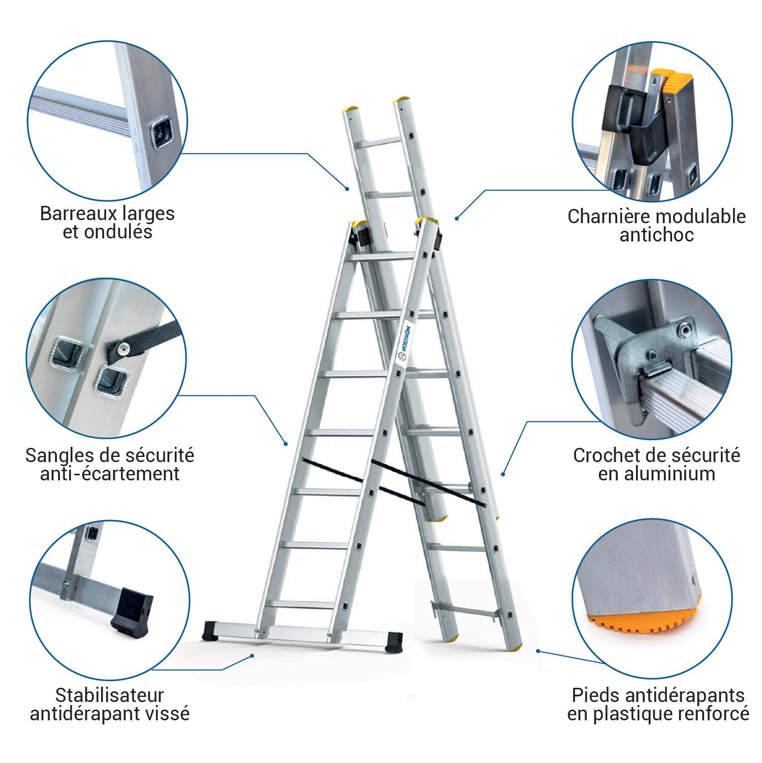 HOSTRÖM Echelle transformable 3 plans StablePro 3x7 marches aluminium extensible coulissante, 6 positions, hauteur travail max 5,00m, garantie 5 ans - 2