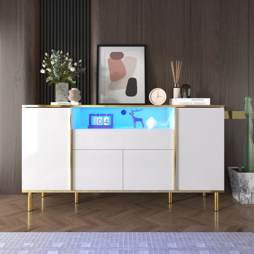 Aparador blanco brillante 150 cm con led, 4 puertas y 1 cajón, patas doradas, cómoda moderna para dormitorio o salón