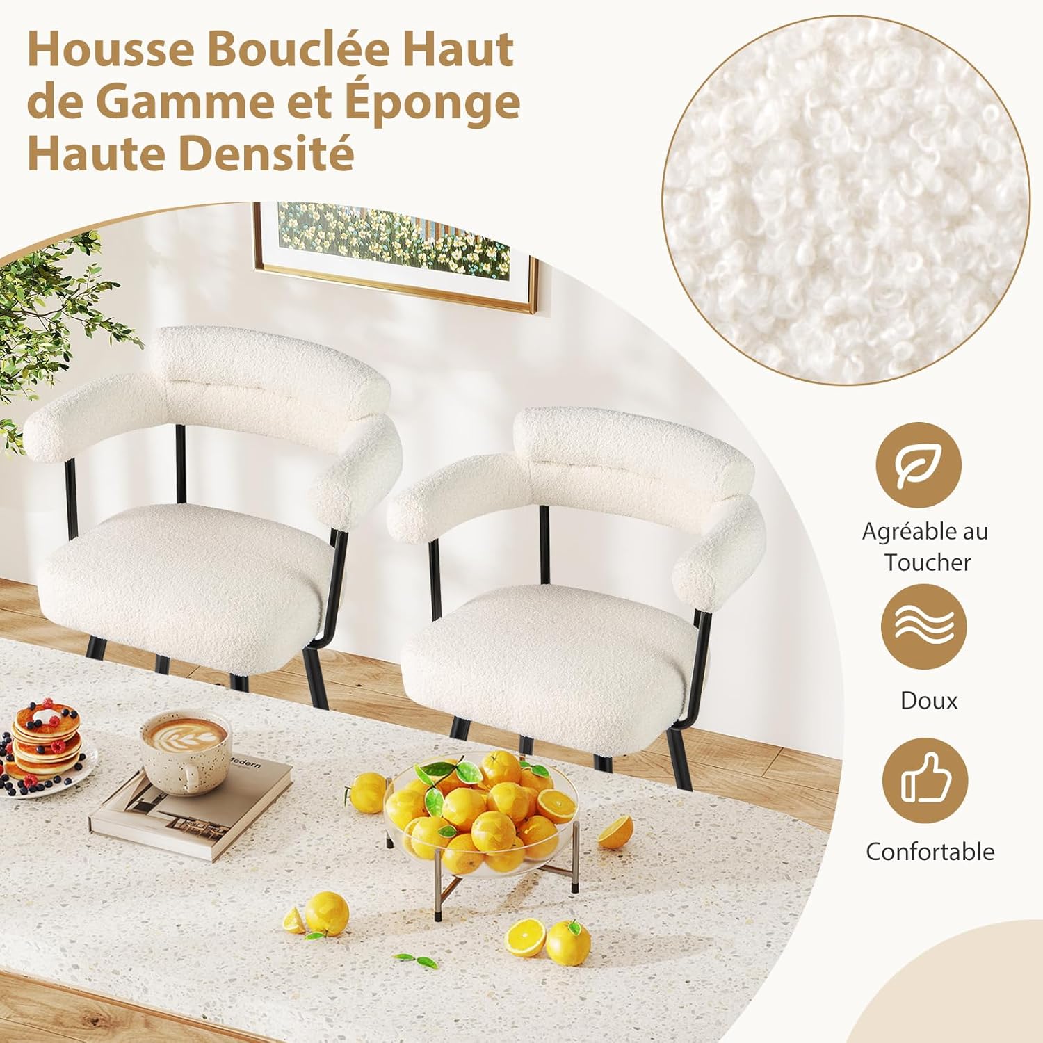 Zestaw 2 Obrotowych Stołków Barowych 360°, Krzesło Barowe z Tkaniny Pętelkowej, Zakrzywione Oparcie i Podłokietniki, Solidna Metalowa Podnóżka (Biała) - 5