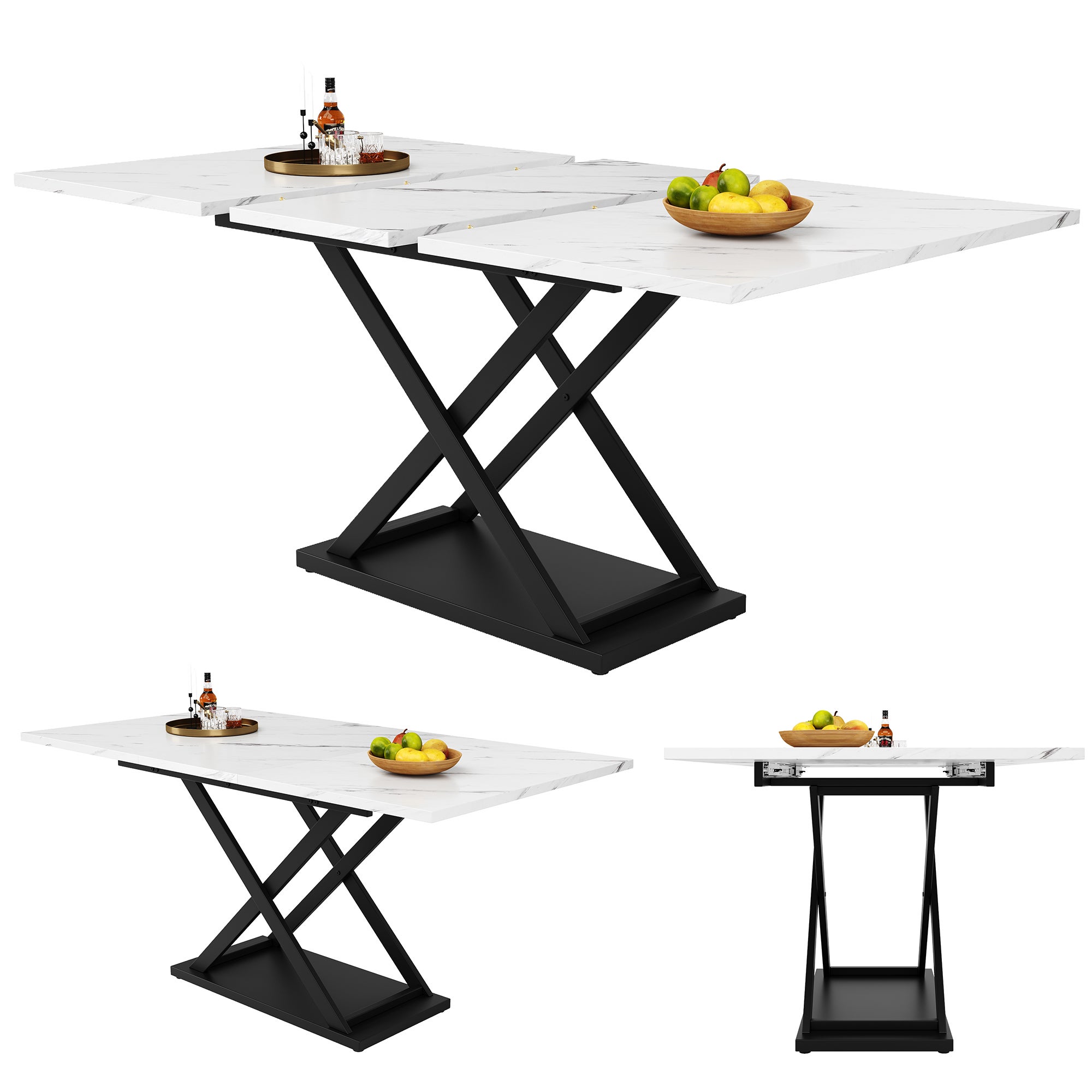 Rozkładany stół jadalny dla 4-6 osób - 120/160 x 80 x 75 cm - Nogi z płyty MDF i metalu - Blat imitujący marmur - Kolor biały - 4
