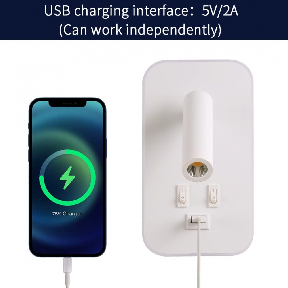 Biała lampa ścienna LED – lampka nocna do czytania z włącznikiem – port ładowania USB – ciepłe światło – regulowany reflektor tworzący nastrój w sypia - 5