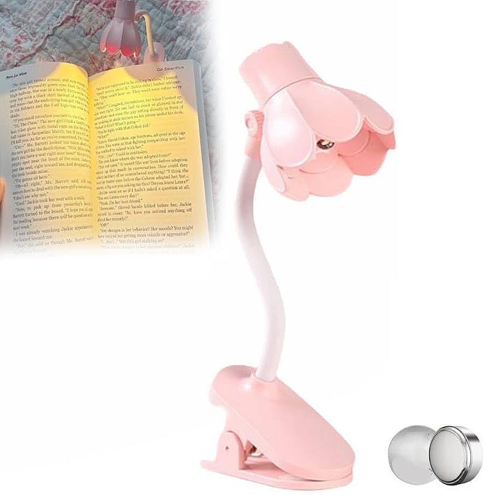 (Różowa) Urocza lampa do czytania w kształcie pastelowego kwiatu, przenośna do łóżka, z 10 bateriami, regulowana do 180 stopni.