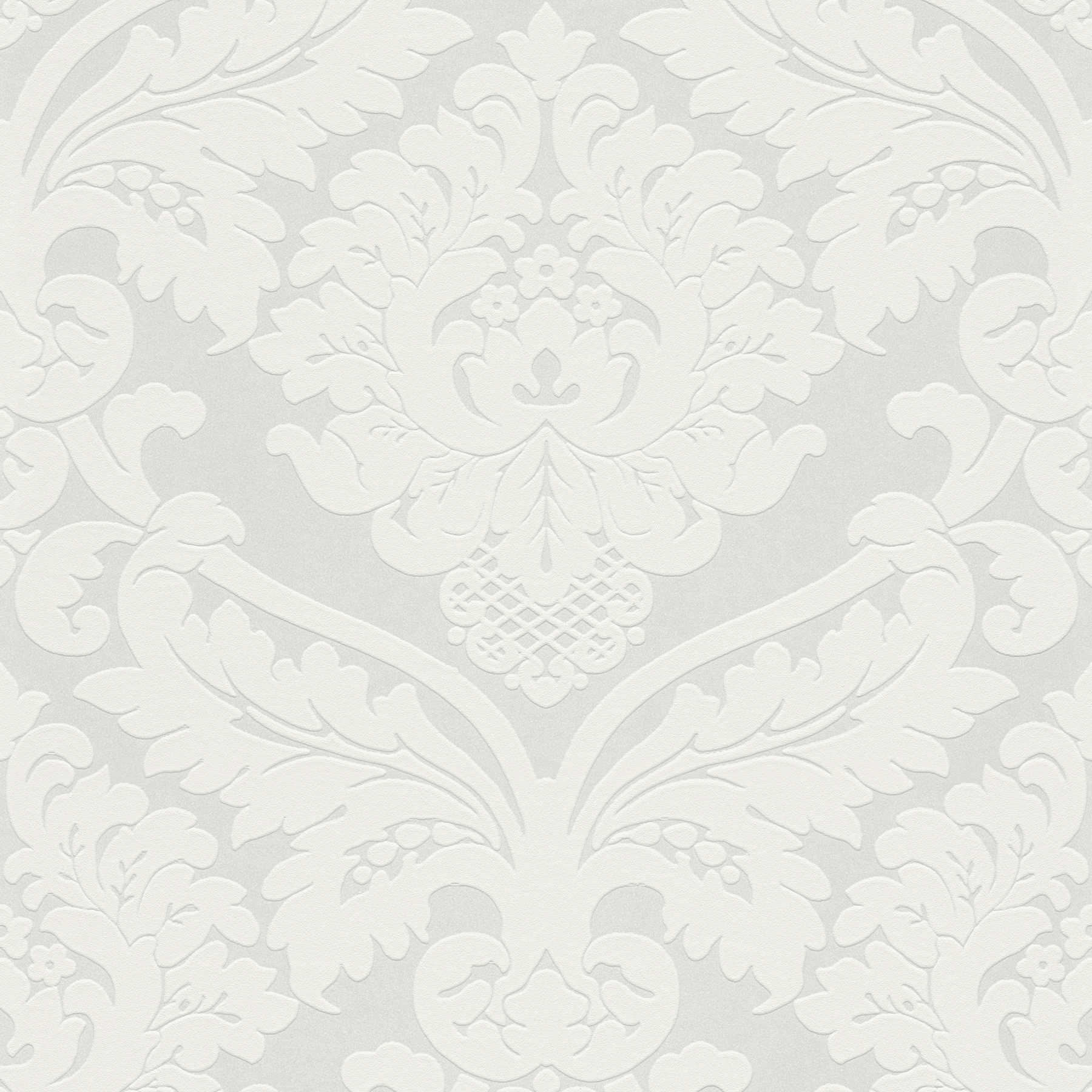 Papier Peint Intissé Baroque Gioele M1, Blanc Métallisé Ornements, 53 Cm X 10,05 M
