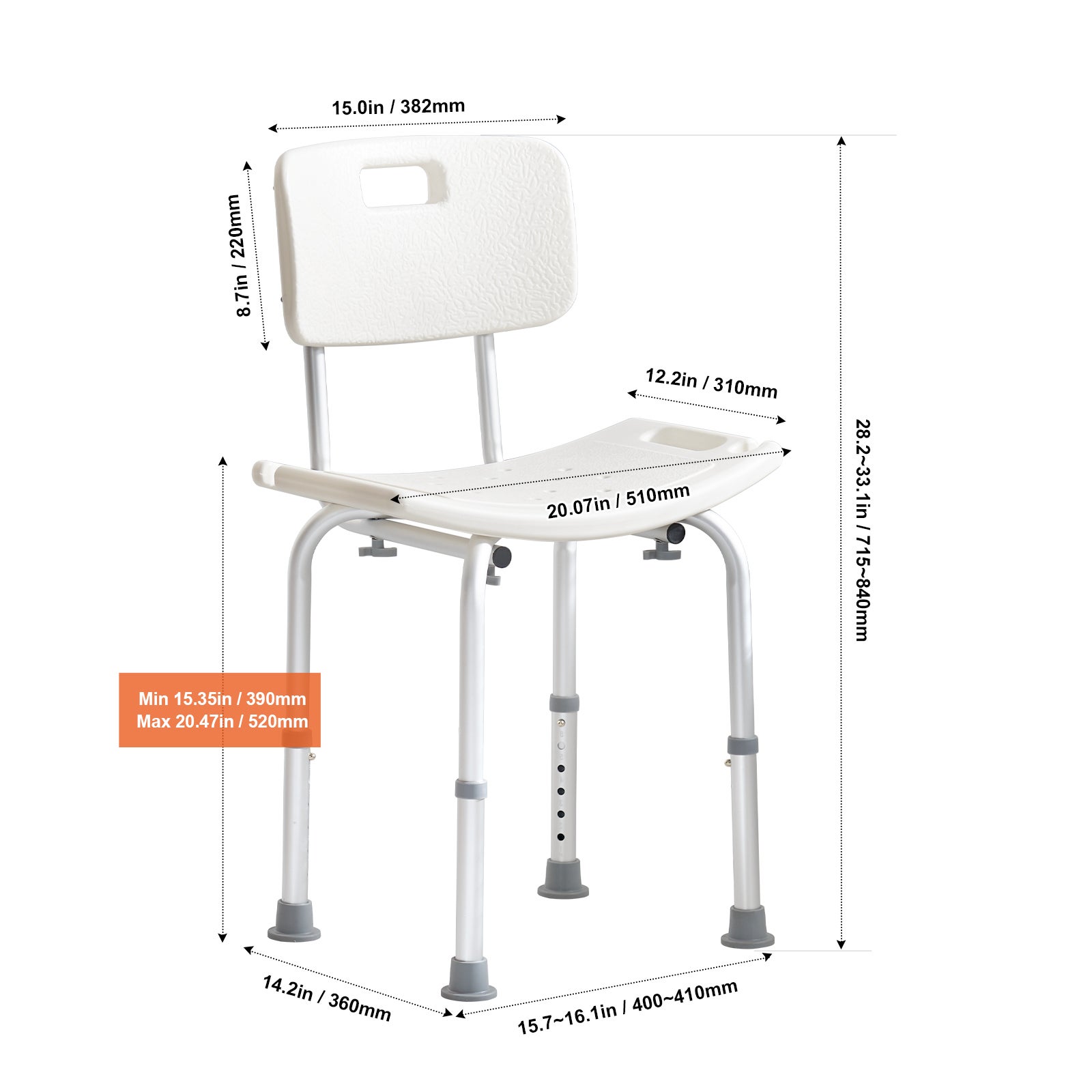 Silla de ducha con respaldo,SucceBuy asiento de ducha ajustable en altura,banco antideslizante,capacidad de 158,8 kg - 2