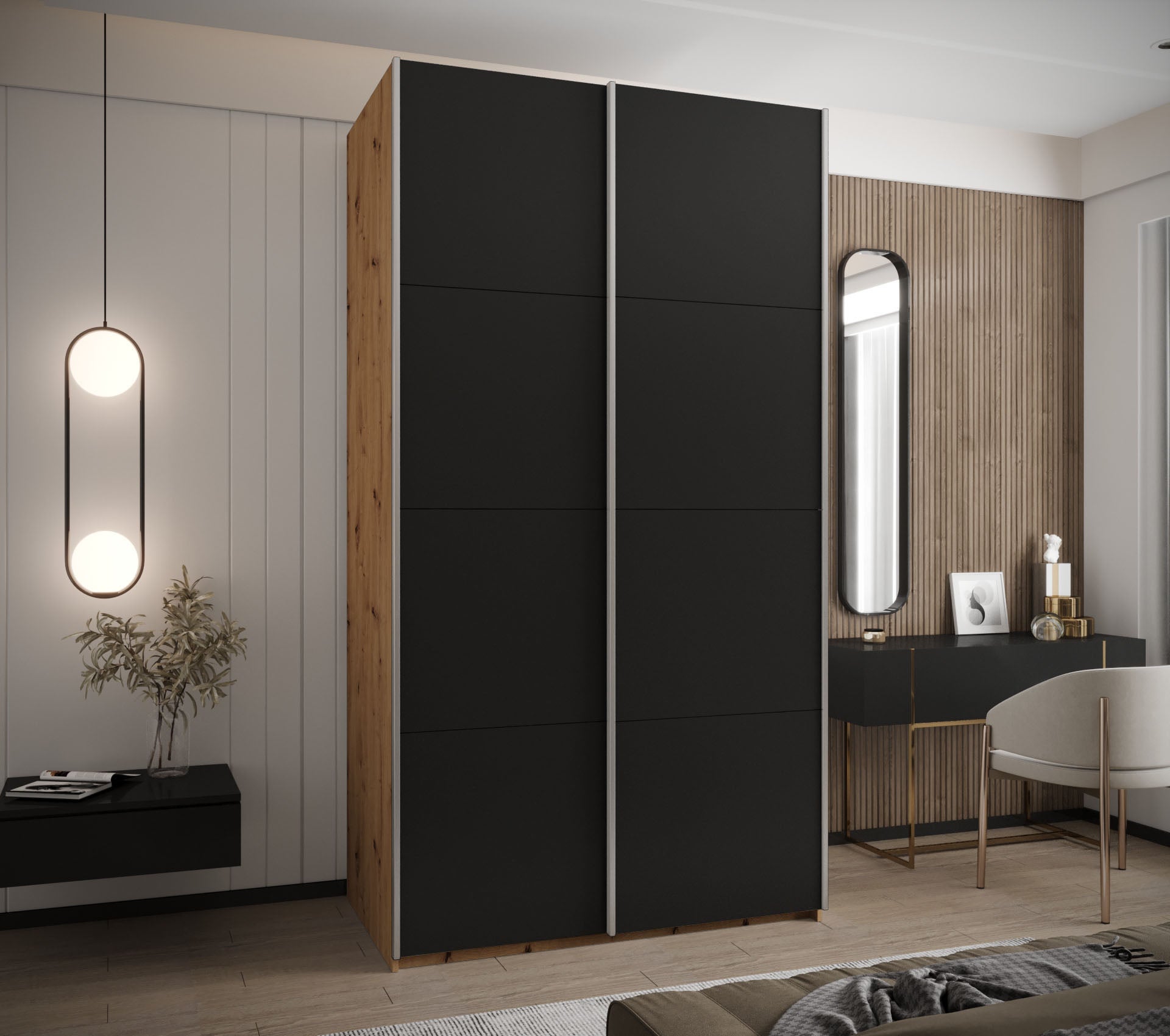 Szafa przesuwna wysoka Lux 1 140 x 64 x 245,5 cm artisan + czarny + u. srebrny - Abiks Meble - 2
