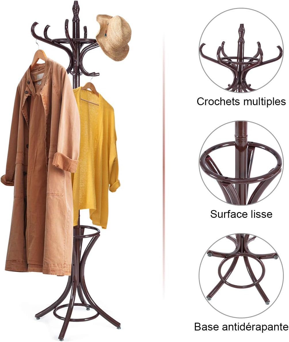 Porte-Manteau sur Pied en Bois Massif, 51 x 51 x 184 CM, 12 Crochets, Support Manteau/Parapluie/Chapeau, au Style Industriel, Brun Rougeâtre - 5