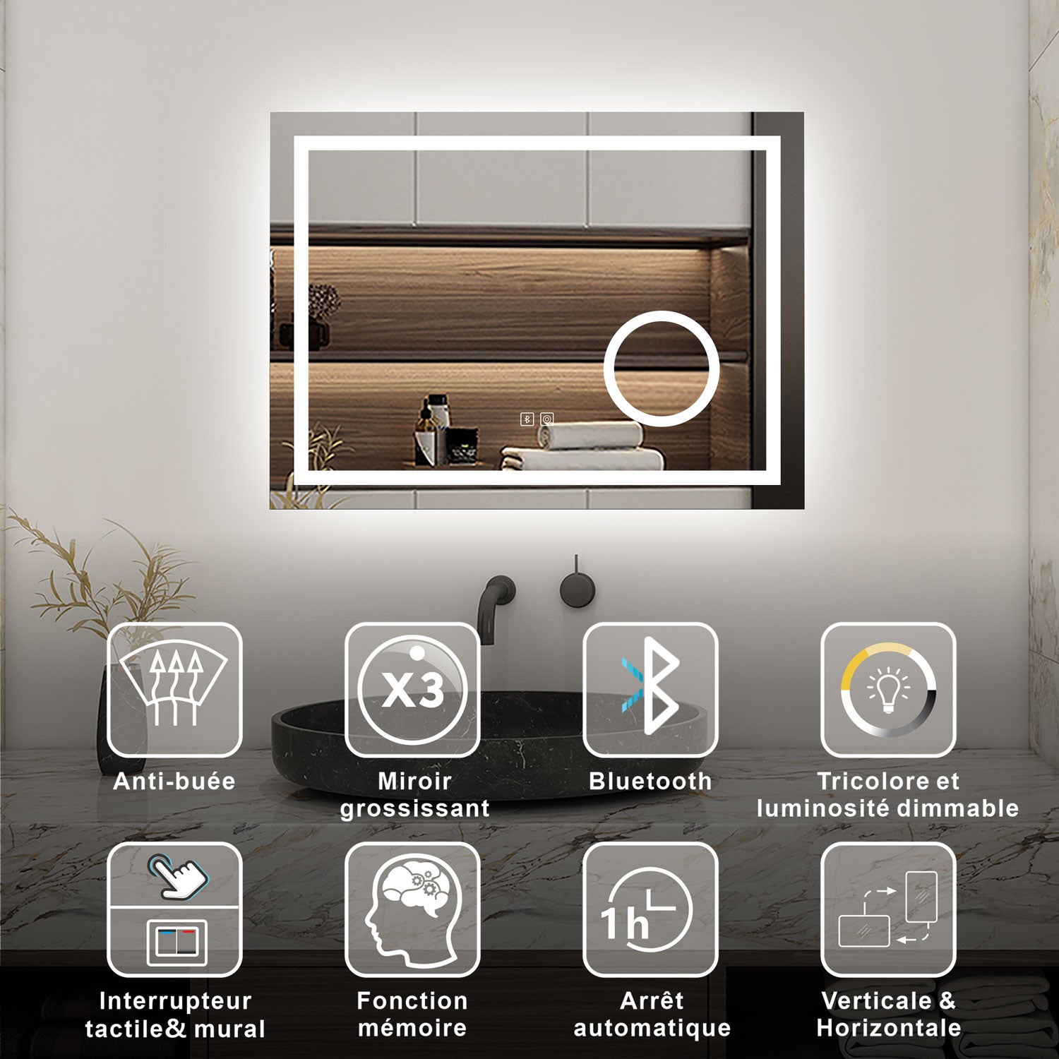 AICA Miroir lumineux 80 x 60cm, bluetooth + 3 couleurs + dimmable + grossissant + anti-buée + mémoire, miroir salle de bain led - 2