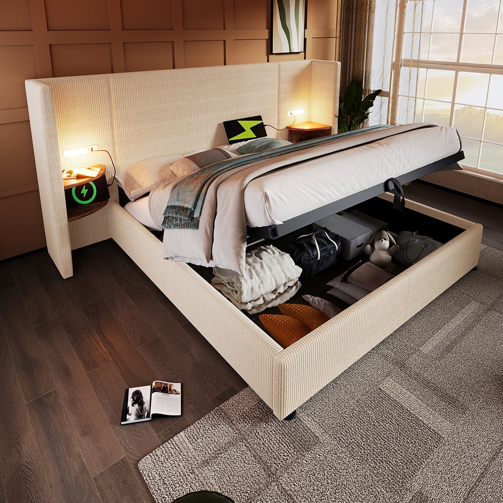 Lit rembourré double avec table de chevet,USB Type-C,gris, lin,160×200(sans matelas)-HAUSS SPOLE - Maison