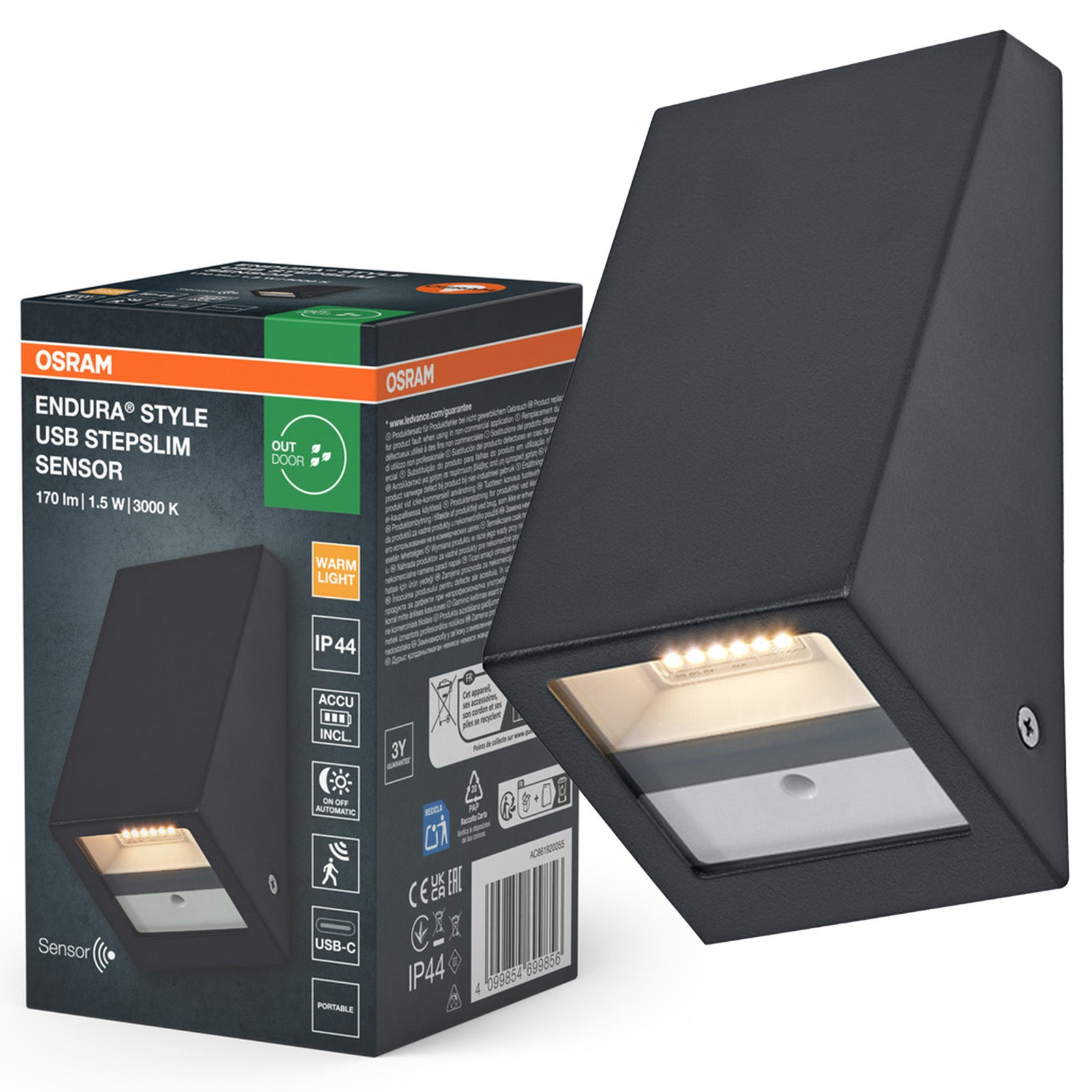 Kinkiet Ogrodowy Osram Lampa Elewacyjna Zewnętrzna LED z Czujnikiem Ruchu i Zmierzchu 1.5W 120lm 3000K Ciepła biel Szary IP44 1 szt.